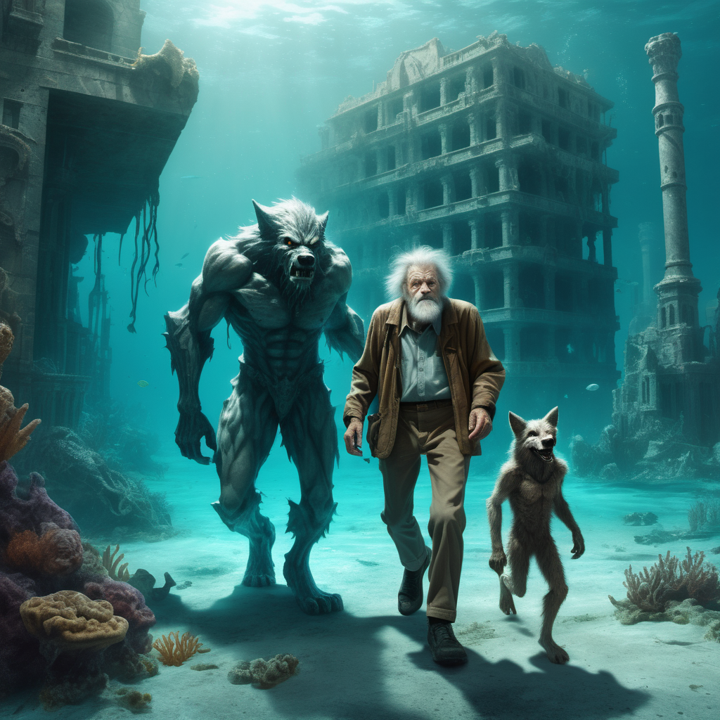  a kind Wolfman  walking side by with  a  frail sick lost old man.  In background the deep underwater city's  ruins of Atlantis