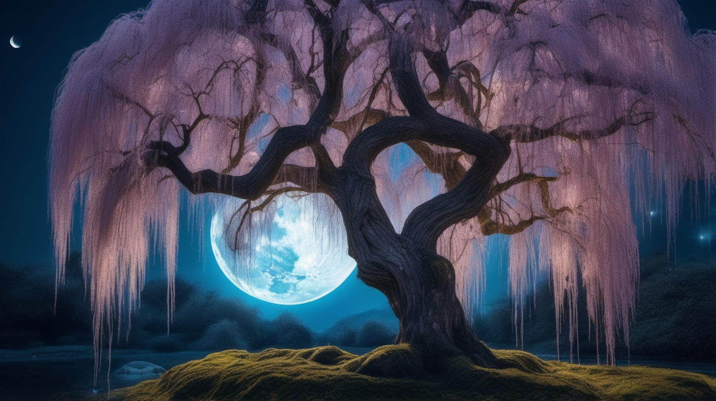an ancient magical weeping willow tree in an enchanted forest that is shimmering in the moon light similar to Japanese "WEEPING SAKURA" Cherry Blossom Flower Tree 