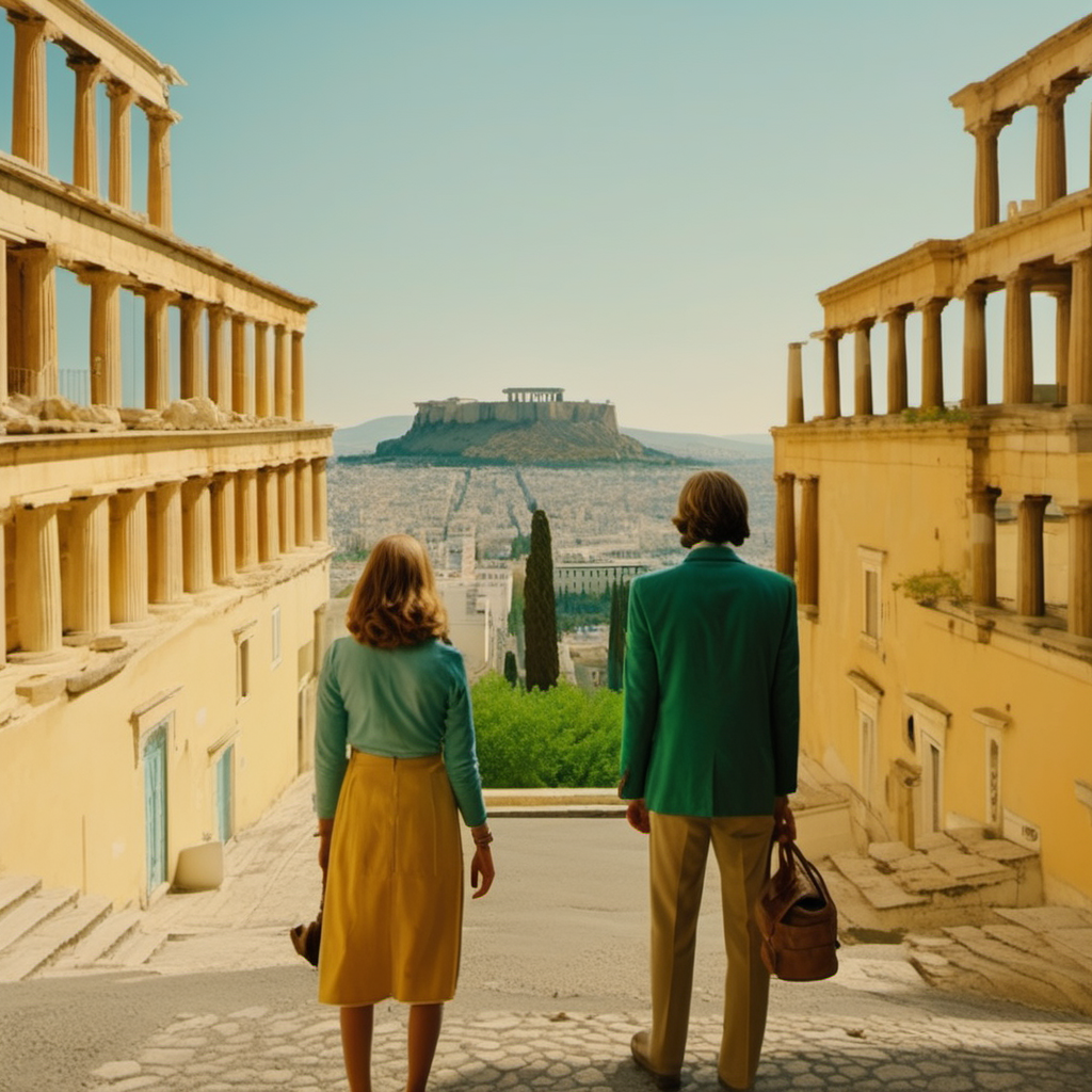 Young German-Indian couple wandering through the streets of Athens, a glimpse of Acropolis and olive trees in the background, Wes Anderson cinematic setting