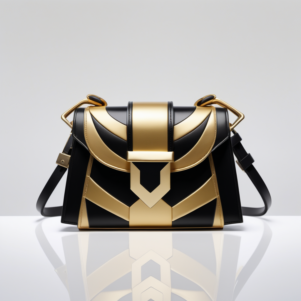 Art Nouveau motiv inspired luxury small  bag  leather with flap and metal buckle- geometric shape - frontal view  - inserts color block - gold and black shades