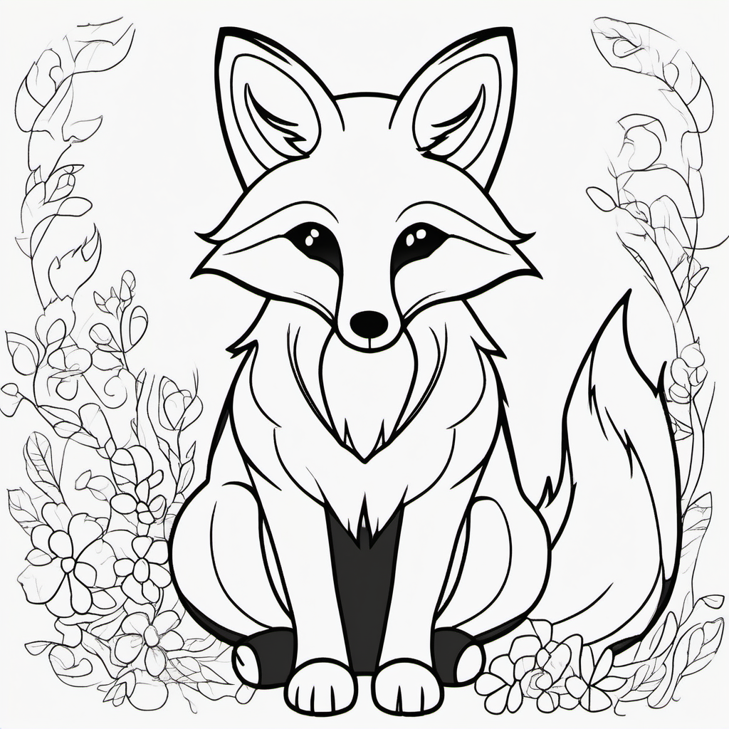 draw a cute fox with only the outline in back for a coloring book