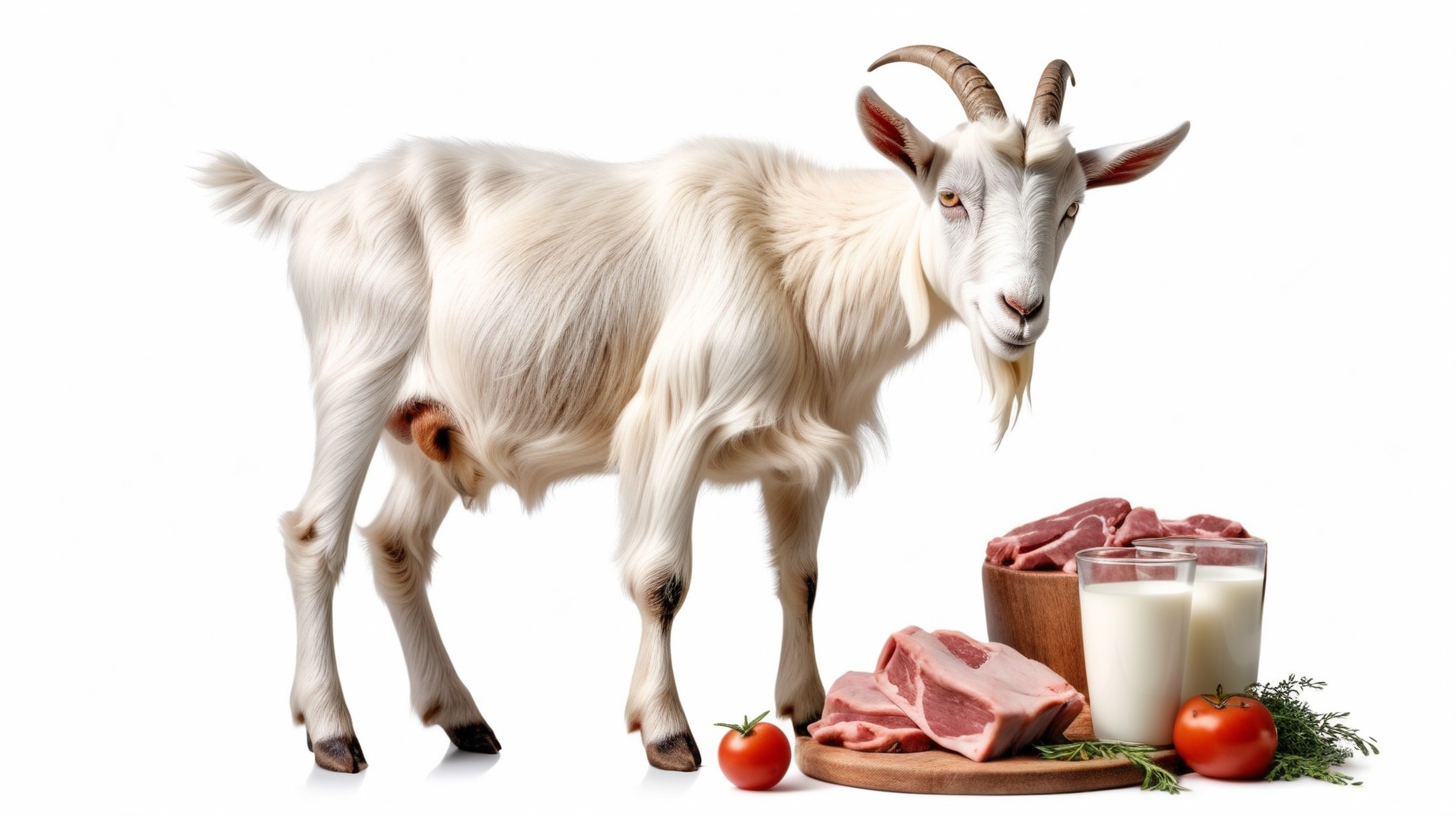 Healty goat with goat milk and meat on