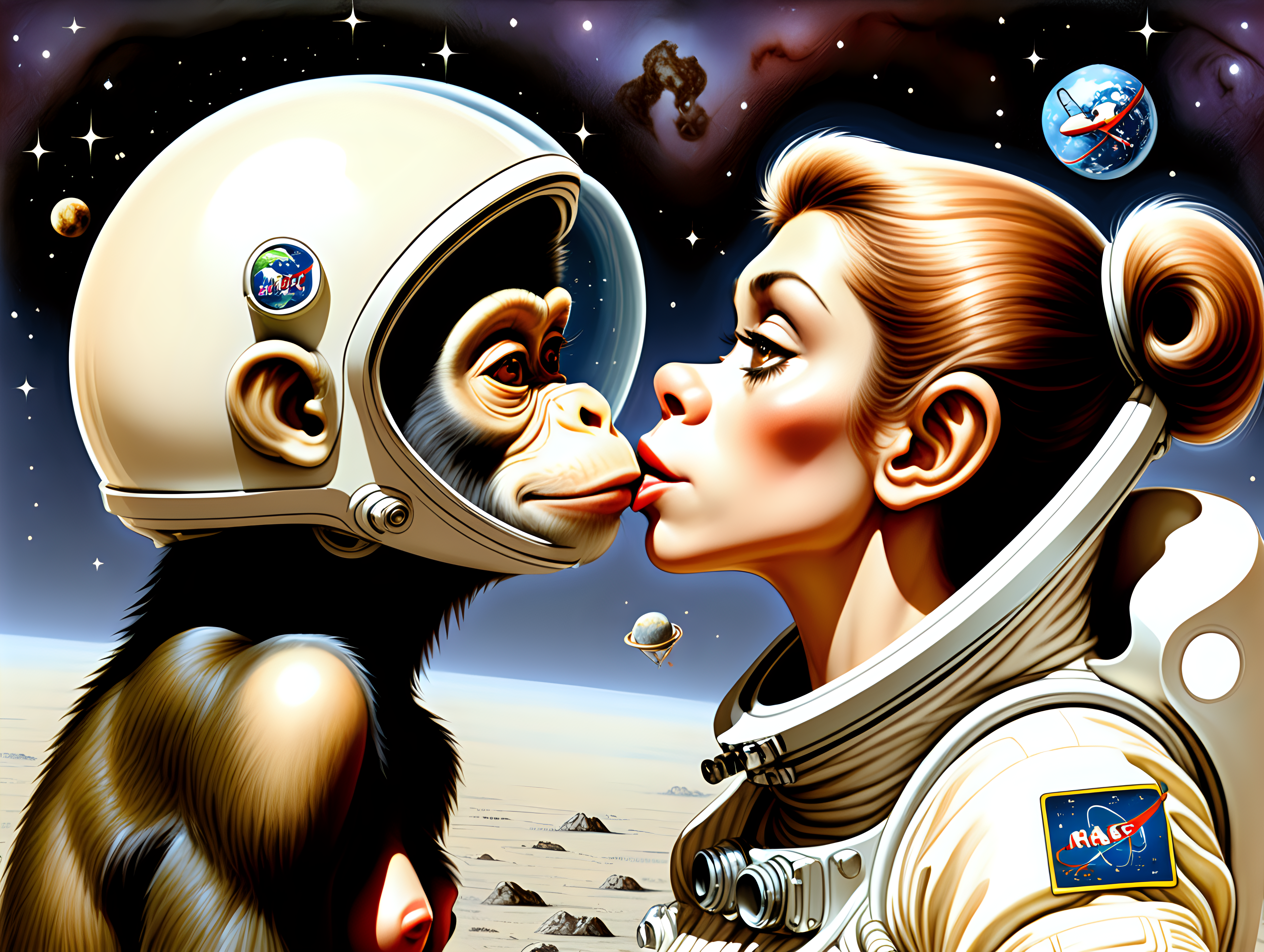 Paisaje espacial con mujer tipo milo manara y mono astronauta besandose