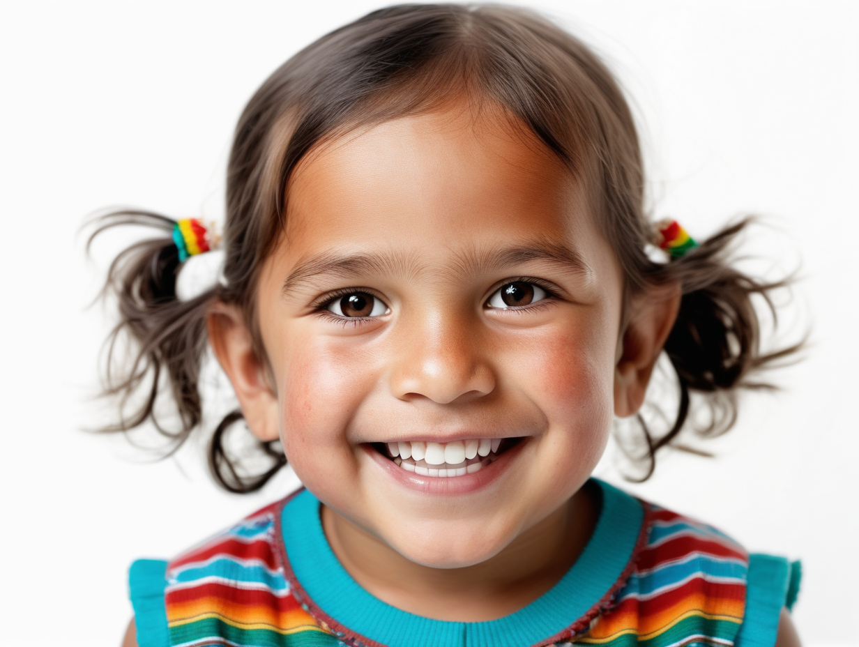 bílé pozadí_reálná tvář_dítě 3 roky_ mexiko_indiánka_usmívají se

