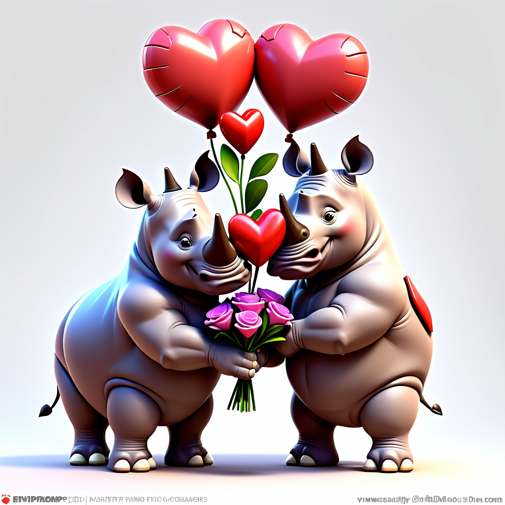 /envision prompt: "Adorable Pixar 3D Valentine's Rhino Couple" clipart featuring a loving rhino couple exchanging heart-shaped flowers against a clean white background. The Pixar 3D style enhances the sweetness of the Valentine's theme. --v 5 --stylize 1000