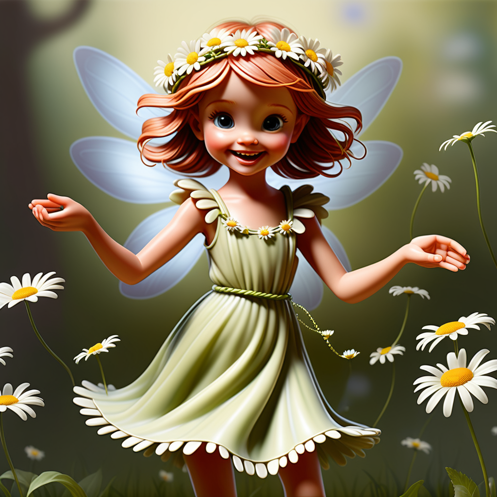 Envision a fairy joyfully dancing holding a daisy