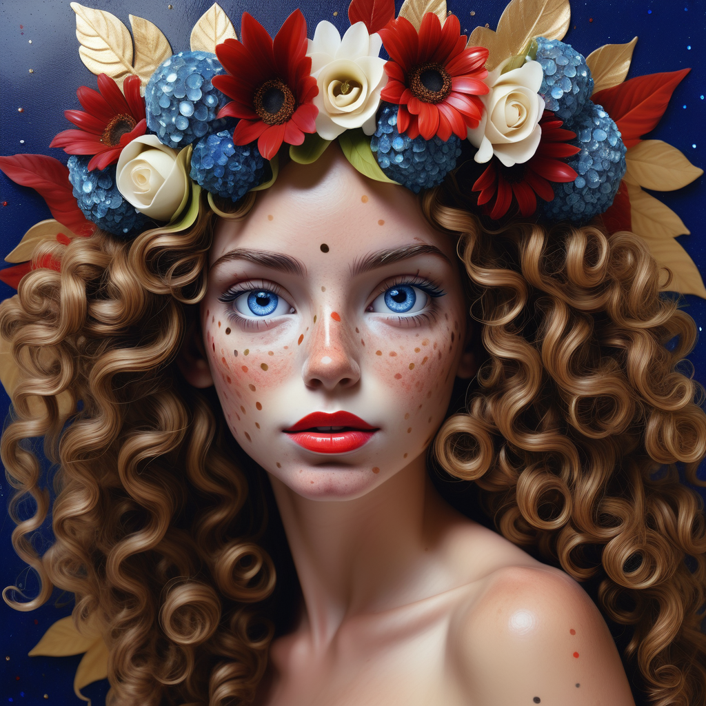 wall art painting of a beautiful american woman, flower crown, she is half made of flowers, deep blue crystal eyes glittering, open curly hair, red glossy lips, freckles on face, high texture, photorealistic, pro photo, crawler leaves around her face and head, detailed skin, super close up of face, golden spots on face