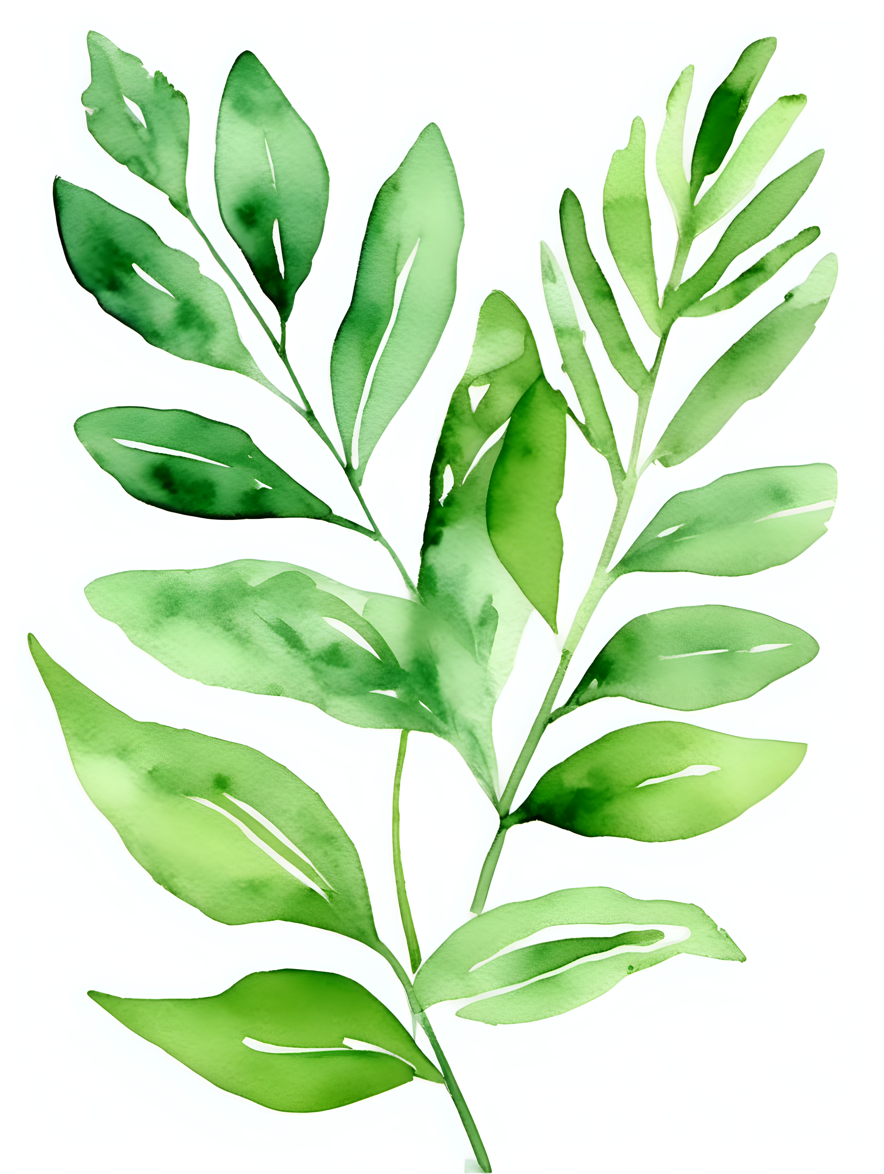 simple green foliage, watercolor, white background