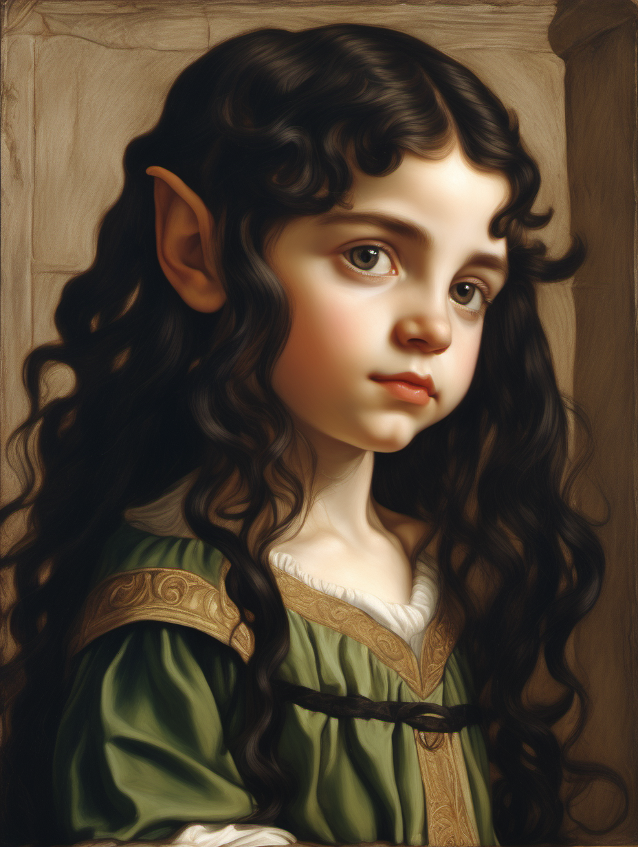 renaissance painting of an elf child with long wavy black hair.