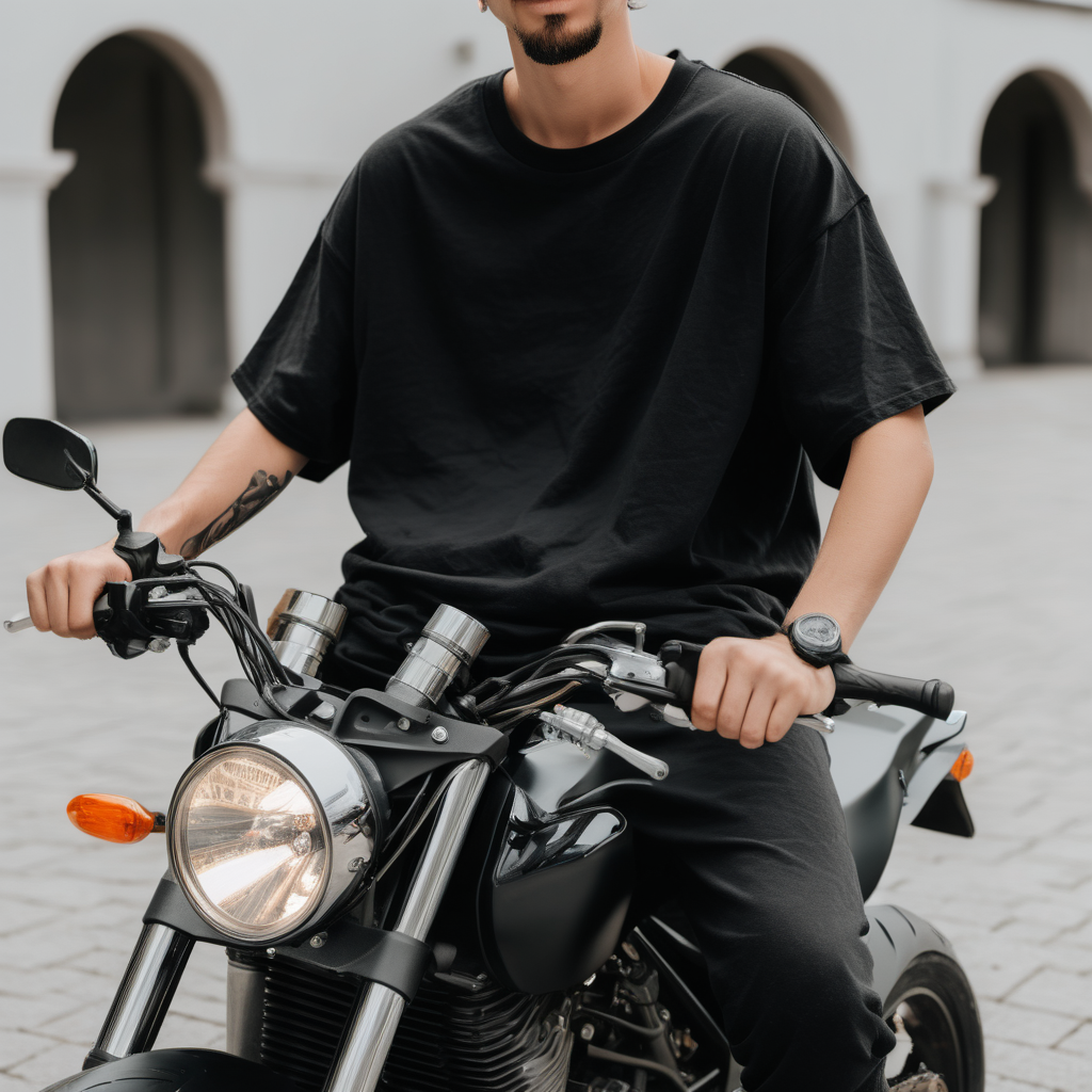Person sitting on motorcycle bike showing front with