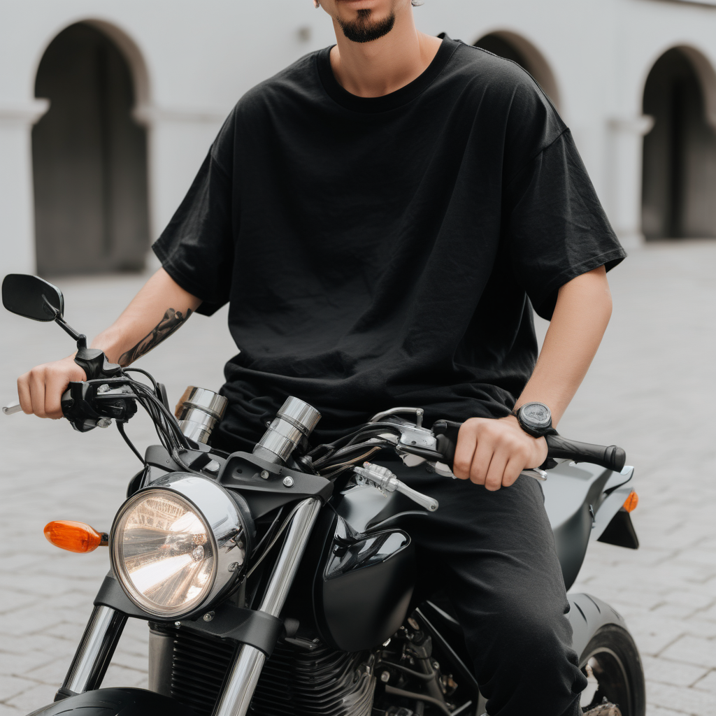 person sitting on motorycle bike showing front with oversized black t shirt that is blank