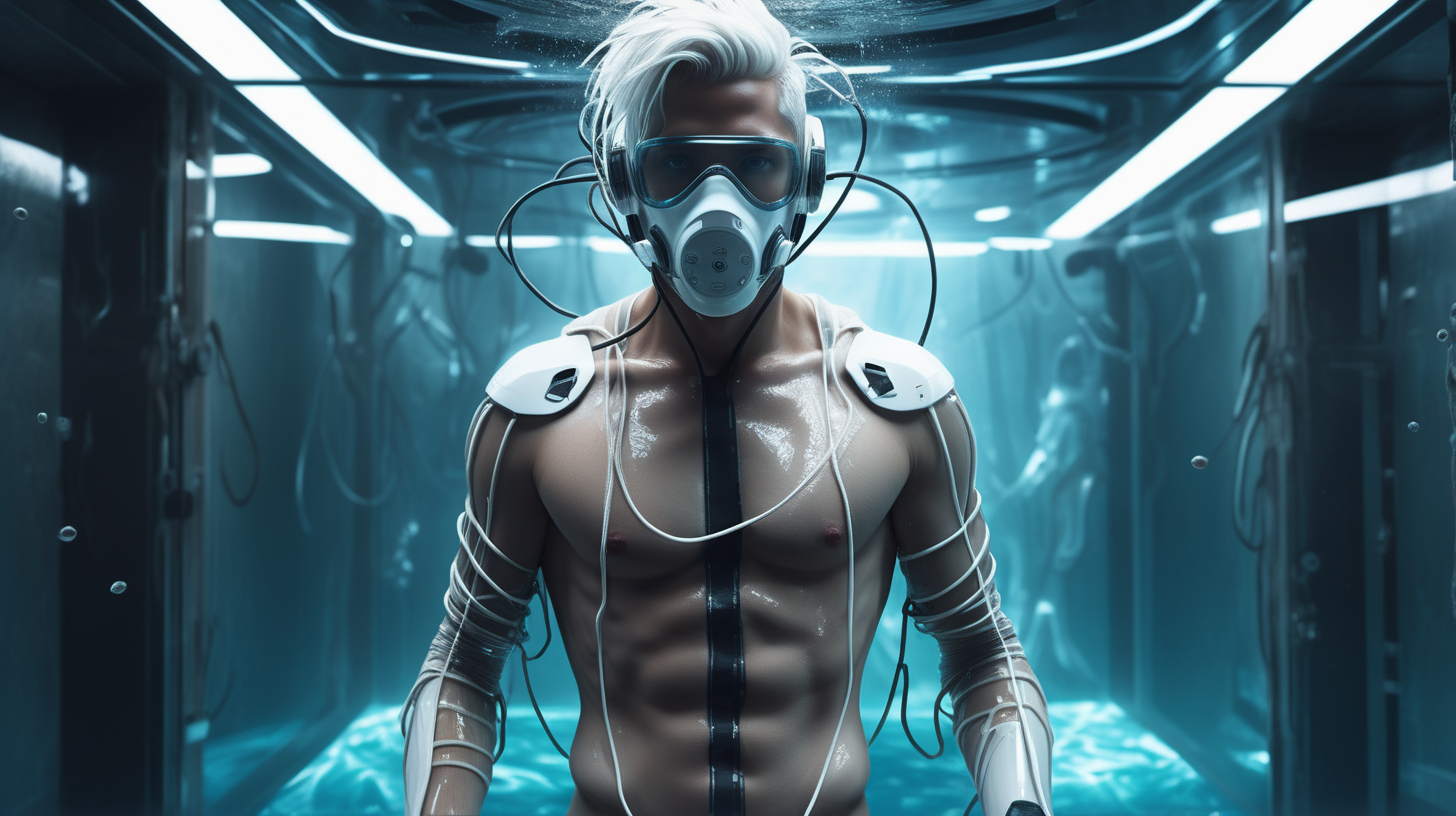 digital art, best quality, ultra realistic, ultimate detailed, sci-fi, centered composition, full-length body cinematic shot: stunning futuristic cyberpunk male, bandages cloathing, floating fully immersed and wired in a futuristic vertical healing chamber, underwater, sci-fi respirator mask, clear white eyes, detailed glass reflection, perfect man forms, asymmetric white hair, gorgeous face, detailed natural skin, natural texture, diffused soft lighting