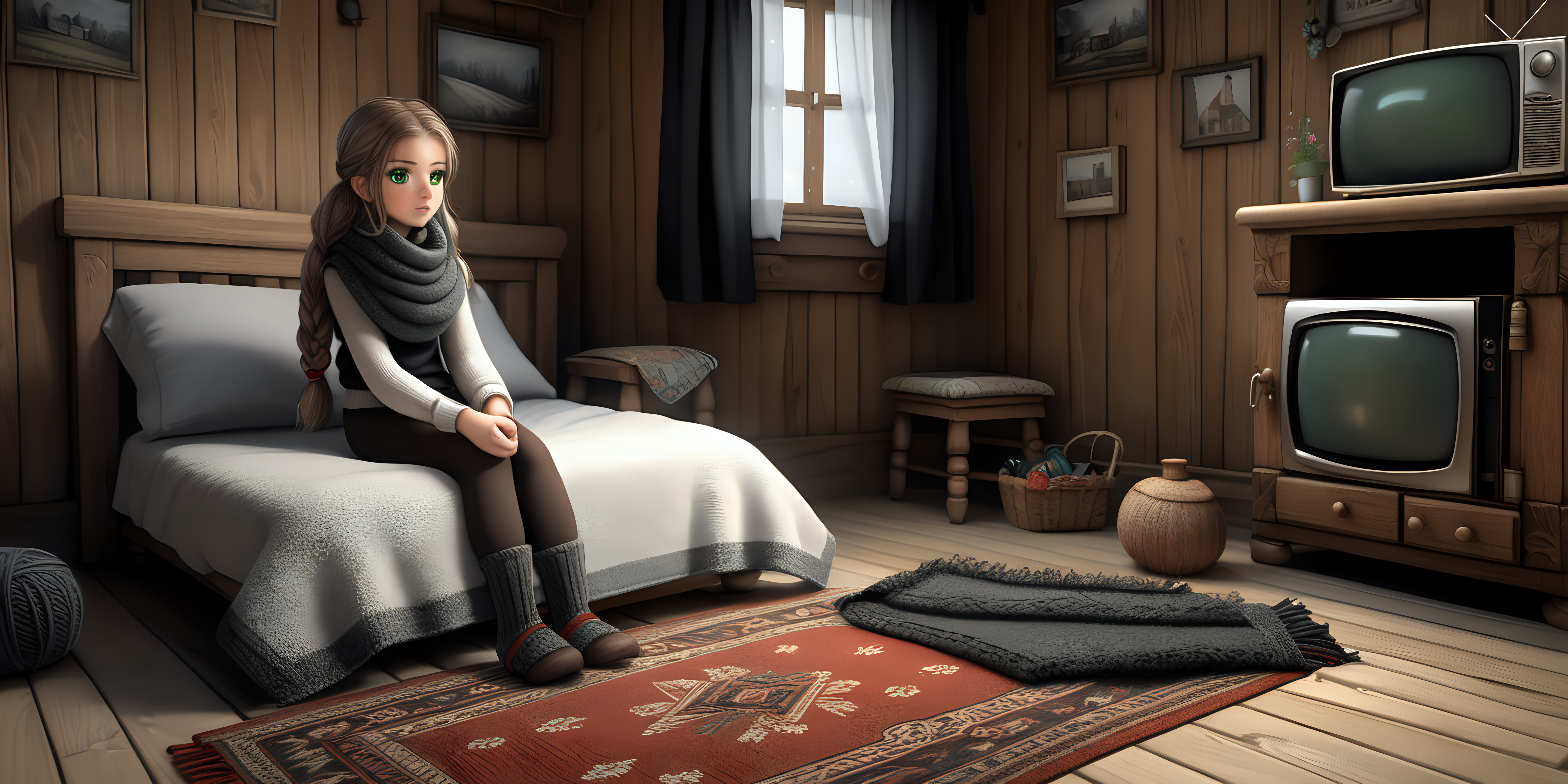 Village 30 years old women. Long ponytile tied hair, green eyes. She is dressed very thick in a country style - with thick hand knitted gray and brown woolen socks. She wears black tight black thermo leggings. She wearing brown sweater with a high collar . She is wearing a white sleeveless sweater over it. She has a scarf wrapped around her neck. A thick knitted hat on the head. Knitting alone on the floor in the old and wooden house. Around her is an old sofa covered with a rug. There is a black and red traditional rug on the ground. Her bed is behind her - an old one with a spring and a metal frame. A television with a kinescope looks out from an old wooden cabinet. The windows of the house are frosted over - you can see a lot of snow outside. It's night.
