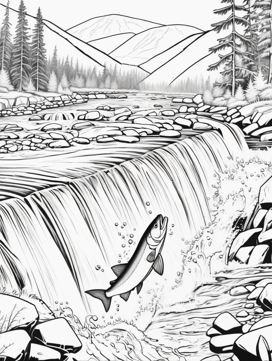 great salmon run up river, coloring page, low details, no colors, no shadows