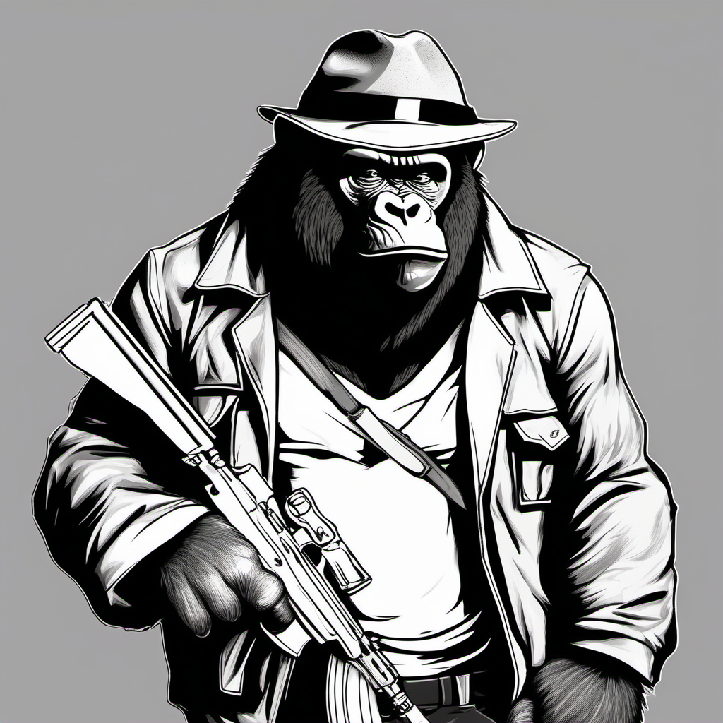 draw a street gangster silverback gorilla wearing a backpack while holding an ak 47