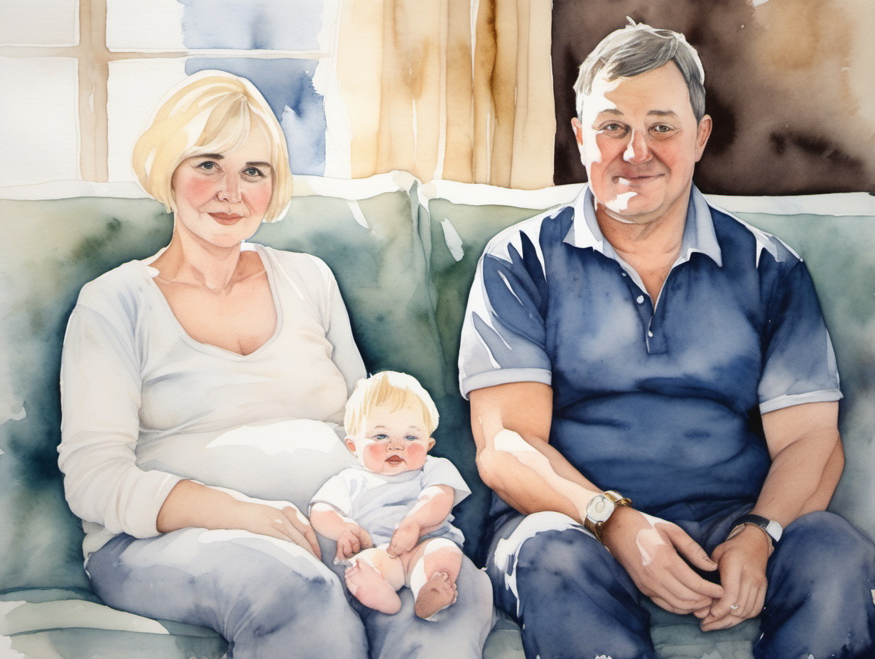 A water Colour painting of baby Lillie sat on the sofa with a short haired blond, chubby,pretty 50yr old woman and dark haired, large, handsome, 50 yr old man
