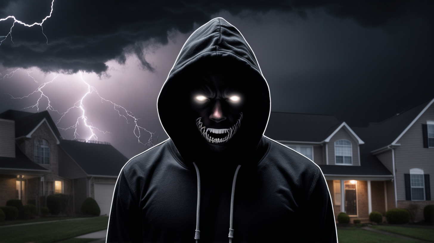 A dark figure at night behind a suburban house dressed in black clothing and a dark hoodie with sunken eyes and mouth open. Inside the dark figure's mouth is a mini a hurricane of dark clouds and lightning