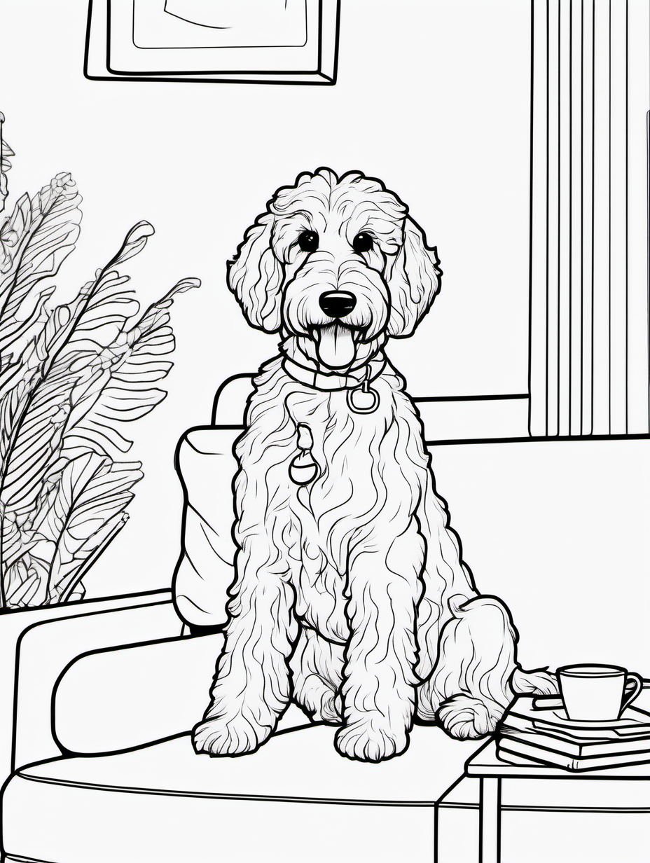 Cute female golden doodle watching TV for a coloring book with black lines and white background