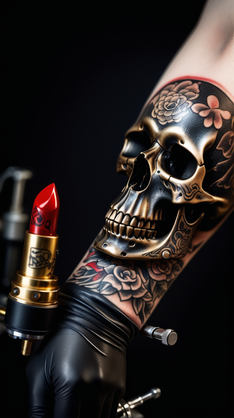 /imagine prompt : An ultra-realistic photograph captured with a canon 5d mark III camera, equipped with an macro lens at F 5.8 aperture setting, The camera is directly in front of the subject, capturing a vintage classic tattoo machine ,a pattern of the skull is engraved on it's golden tattoo grip , grabbed by a hand wearing black nitrile gloves . A lip painted with red lipstick kisses the grip of the tattoo machine.
the hand is blurred and the focus sets on tattoo machine .
Soft spot light gracefully illuminates the subject and golden grip is shining. The background is absolutely black , highlighting the subject.
The image, shot in high resolution and a 16:9 aspect ratio, captures the subject’s  with stunning realism –ar 9:16 –v 5.2 –style raw
