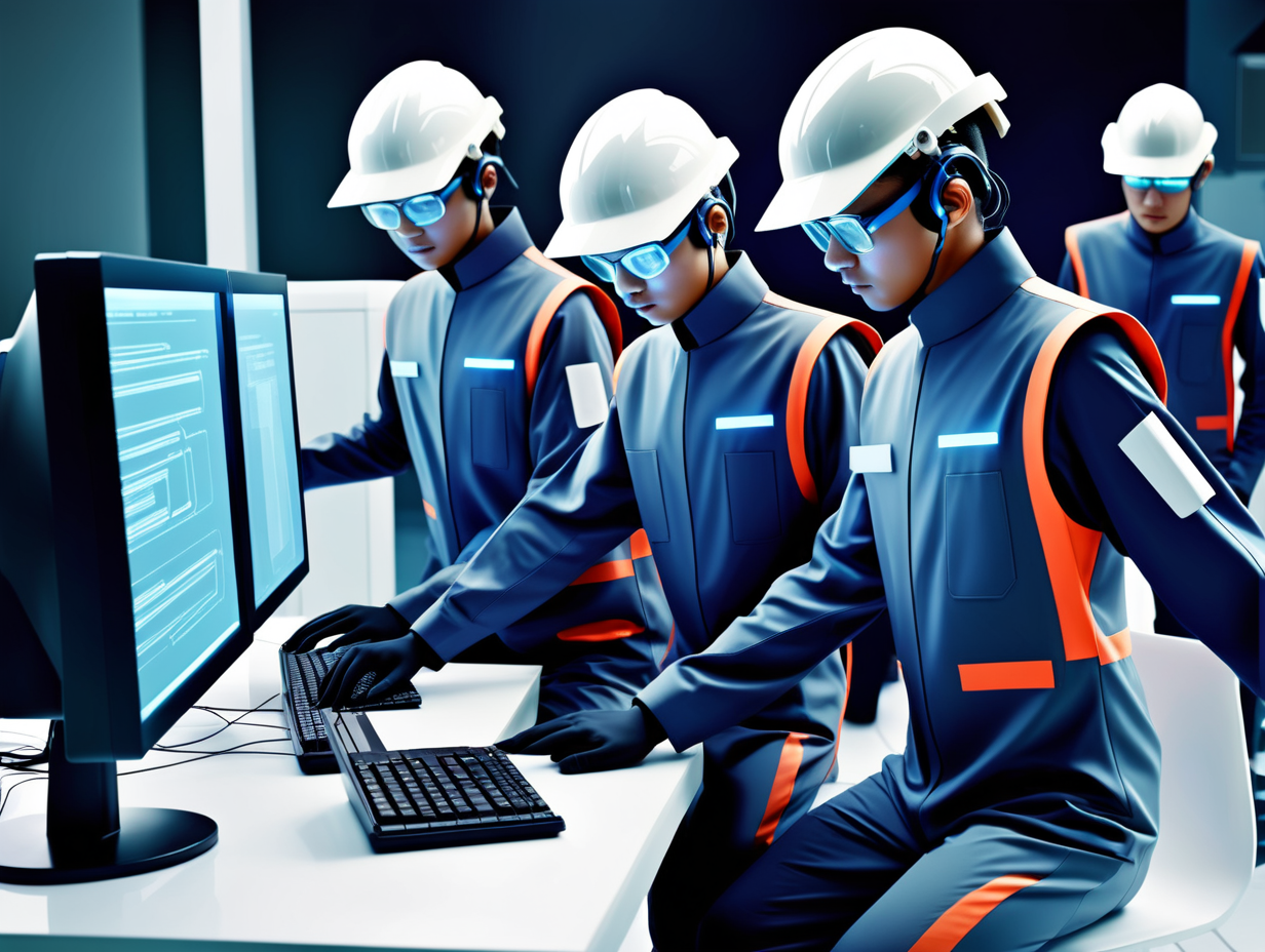 futuristic pertamina workers in full body doing computer programming