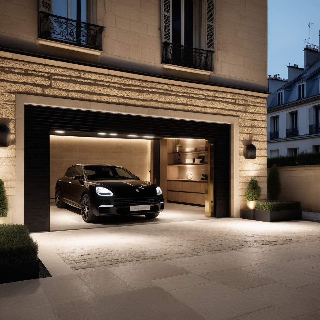 hyperrealistic modern Parisian garage at night; mood lighting;  Limestone pavers; glass wall; beige, oak, brass and black colour palette; 
