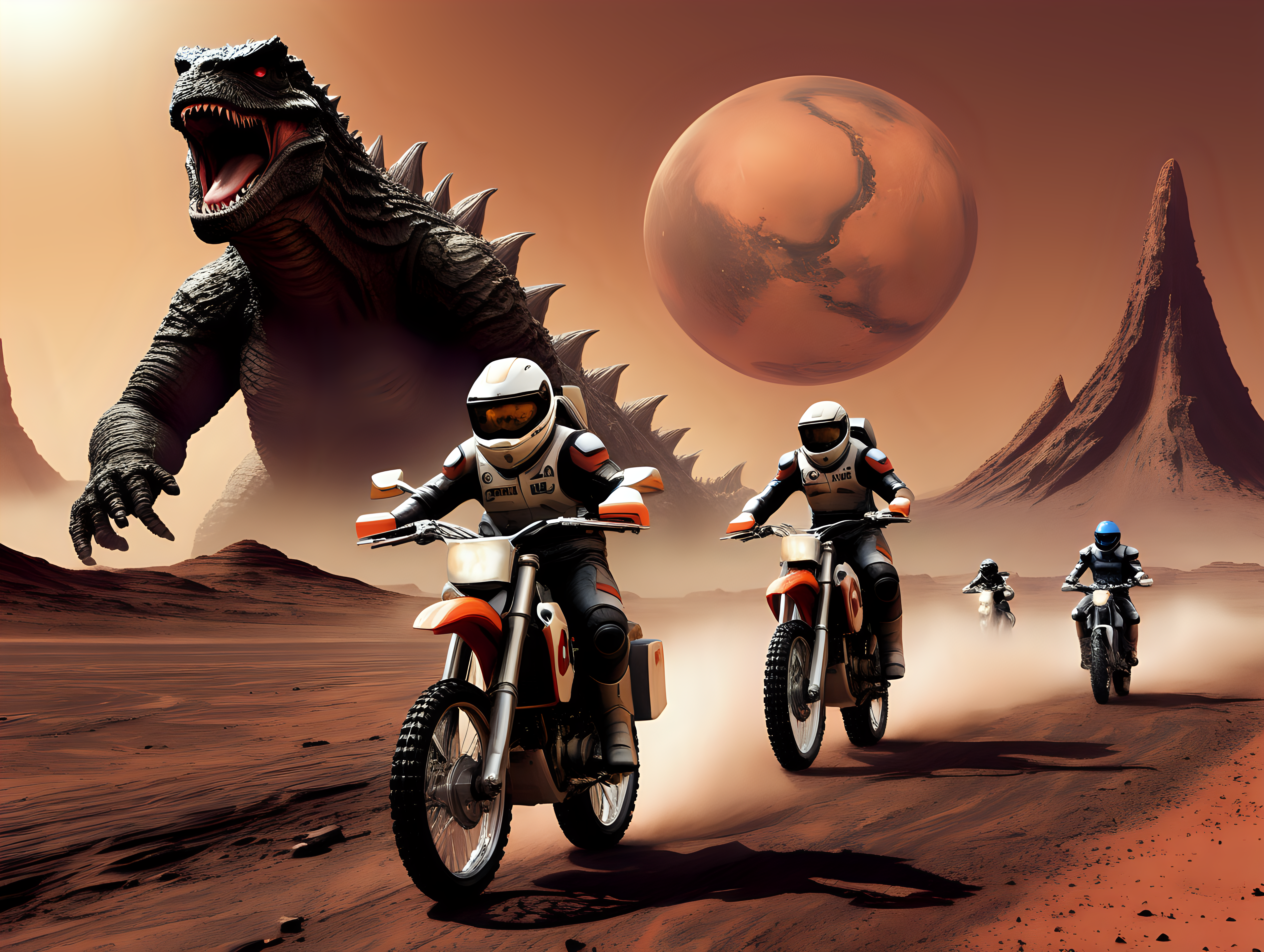 Motorcycles race on Mars chased by Godzilla