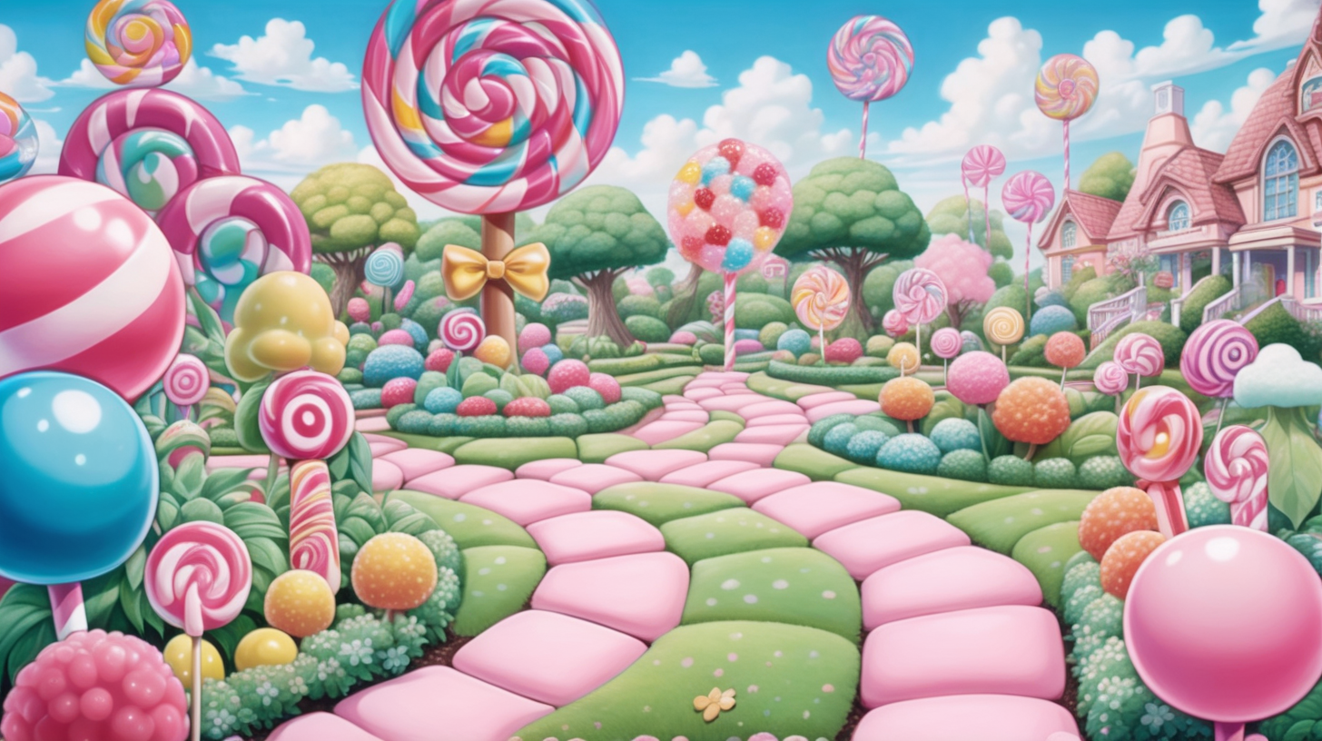 a garden that is made out of bubble gum, cotton candy and lolllipops cartoon anime style, similar to CandyLand