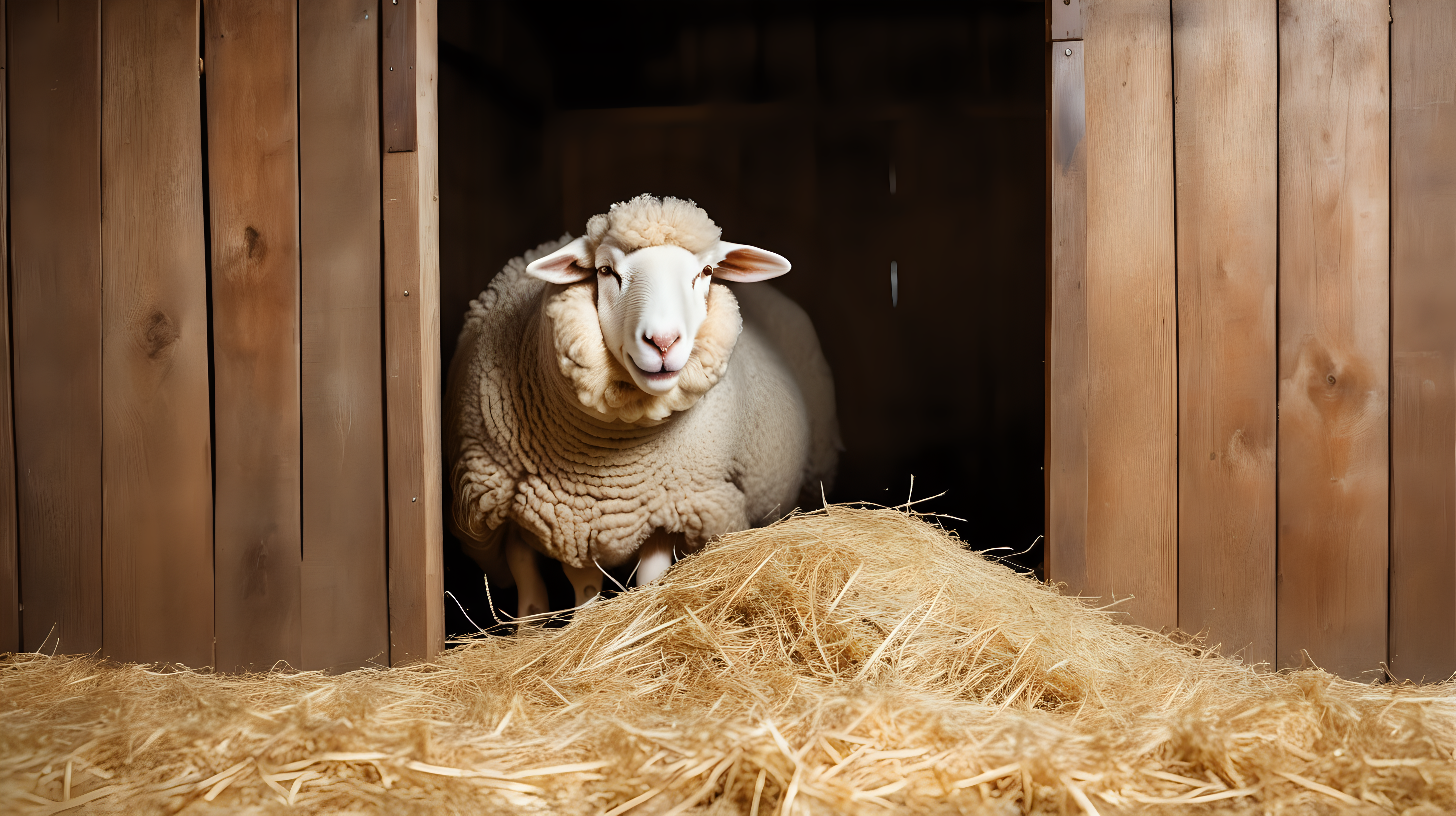 sheep eating hay in the stall, farm barn, isolated on background, photo shoot