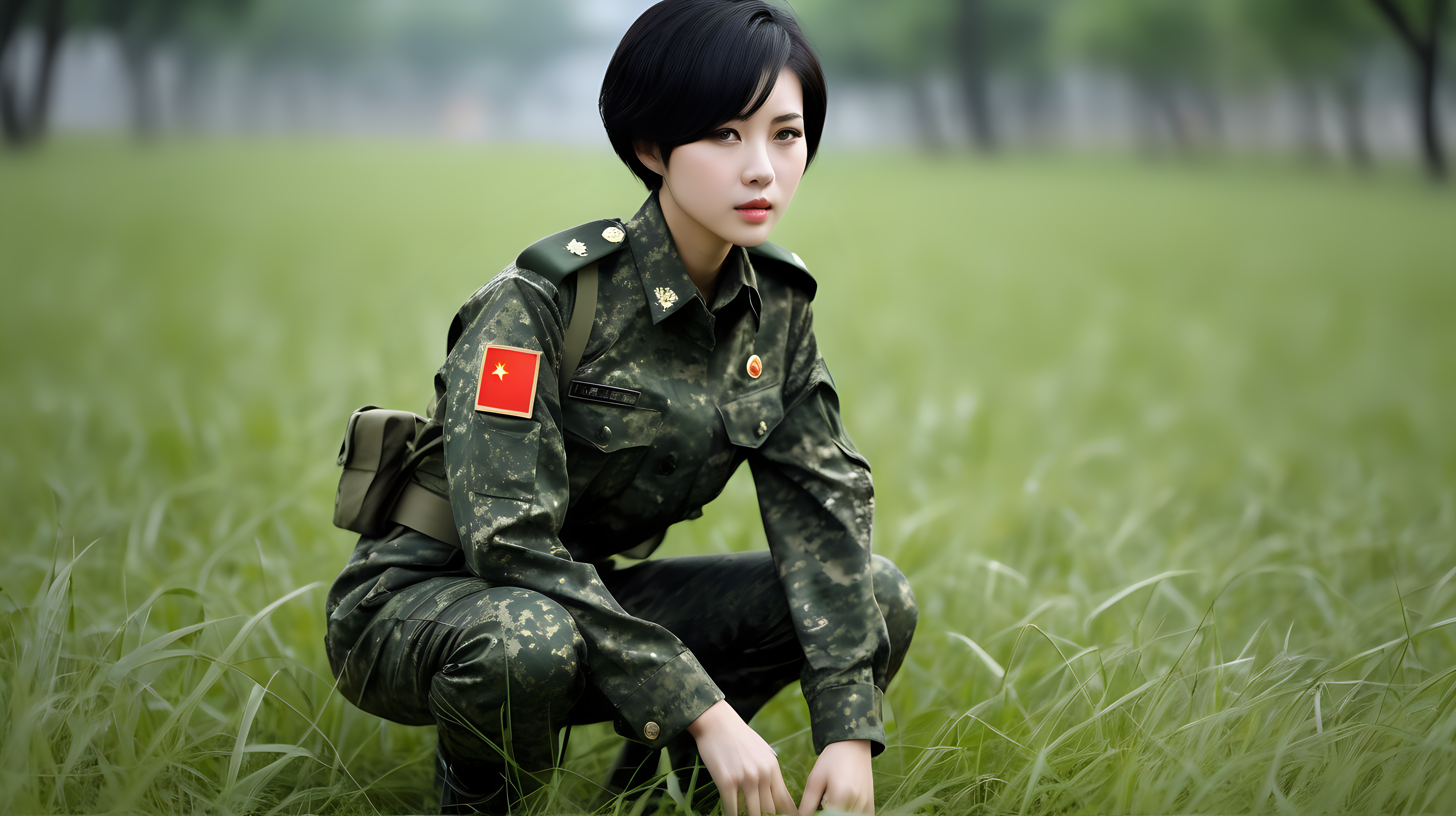 Chinese female soldierShort hairBlack hairCamouflage tight pantsLurking in