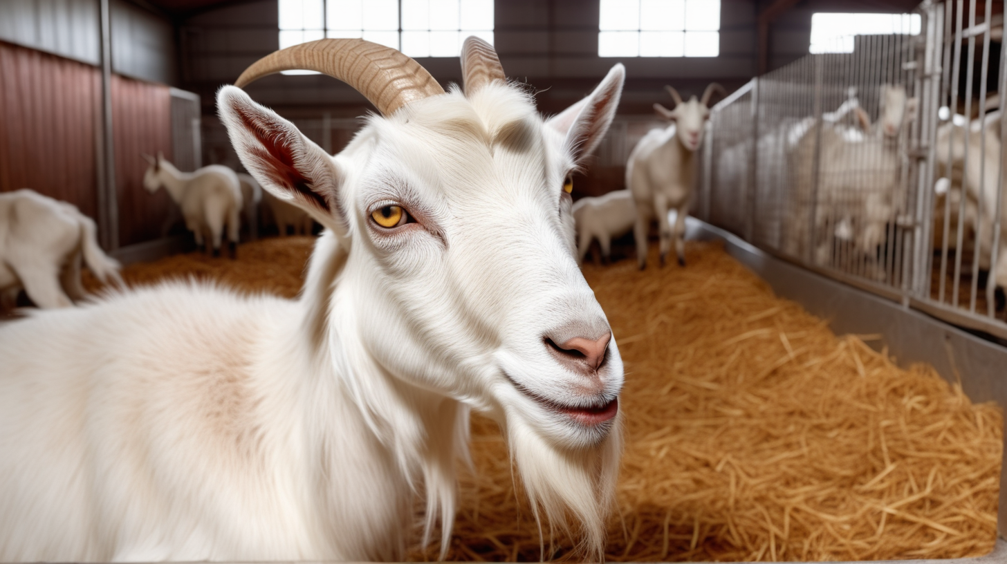 indoor modern goat farm with goat eat food in stable, close up goat