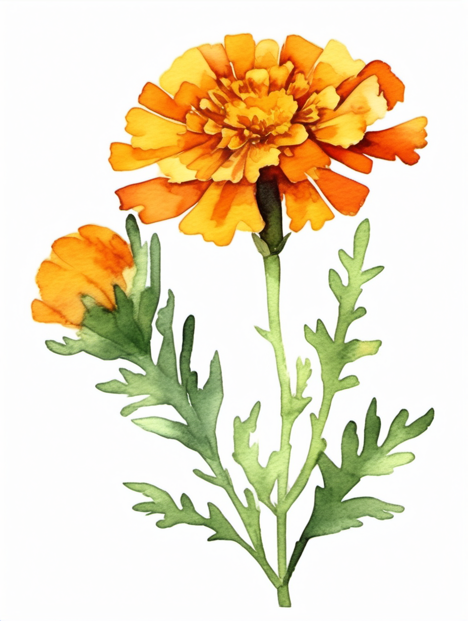 simple single marigold, watercolor style, with a white background