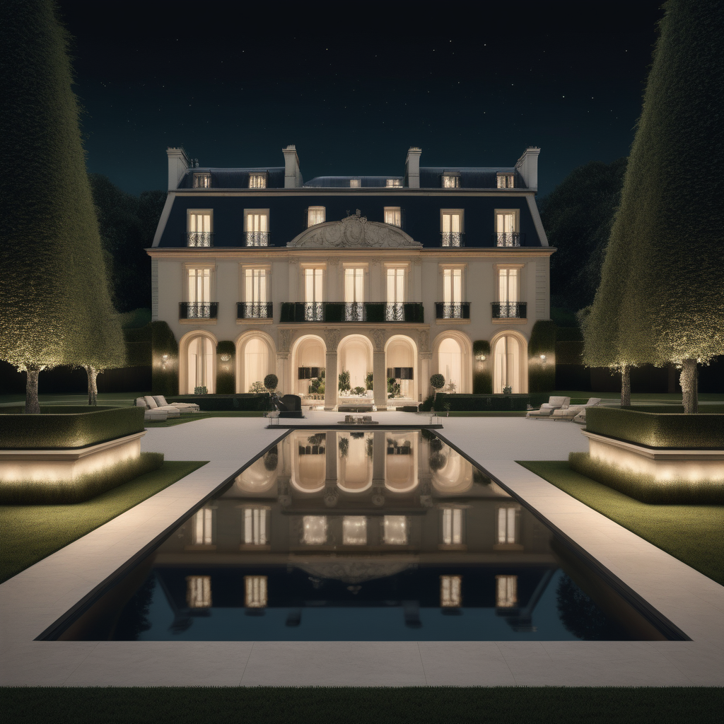 hyperrealistic image of a grand modern parisian estate pool at night; mood lighting; lush sprawling lawn and gardens; beige, ivory and black;
