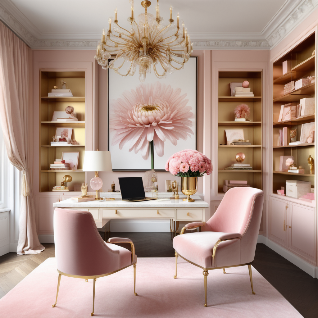 hyperrealistic image of an elegant modern Parisian home office interior with floor to ceiling brass shelves  full of trinkets and books, a bouquet of crysanthemum, a crystal chandelier, a pink velvet desk chair with brass legs at a white and brass desk, a statement piece of art, in a beige, dusty pink and brass colour palette