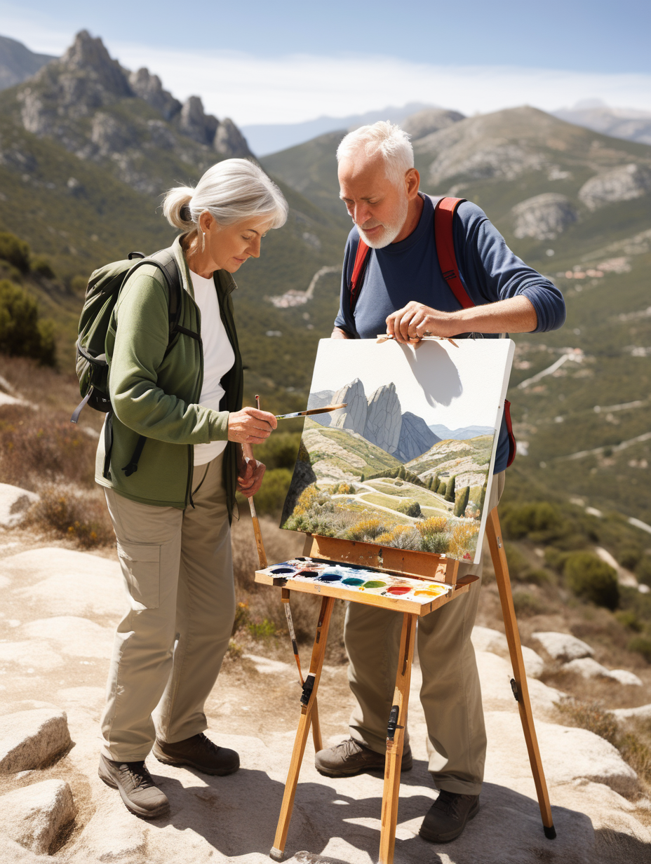 An older couple, in their mid sixties, out on a hike in the Spanish mountains. They are doing a canvas painting of location, on wooden easel. A couple of paintbrushes and paint bottles on the ground beside them. The couple are wearing hiking clothing