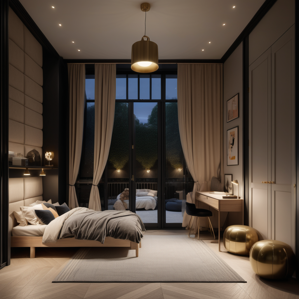 a hyperrealistic image of a palitial modern Parisian childrens bedroom at night with mood lighting, floor to ceiling window and doors opening to the private courtyard garden in beige, oak, black and brass with modern brass pendant lights, bunk bed with canopy
