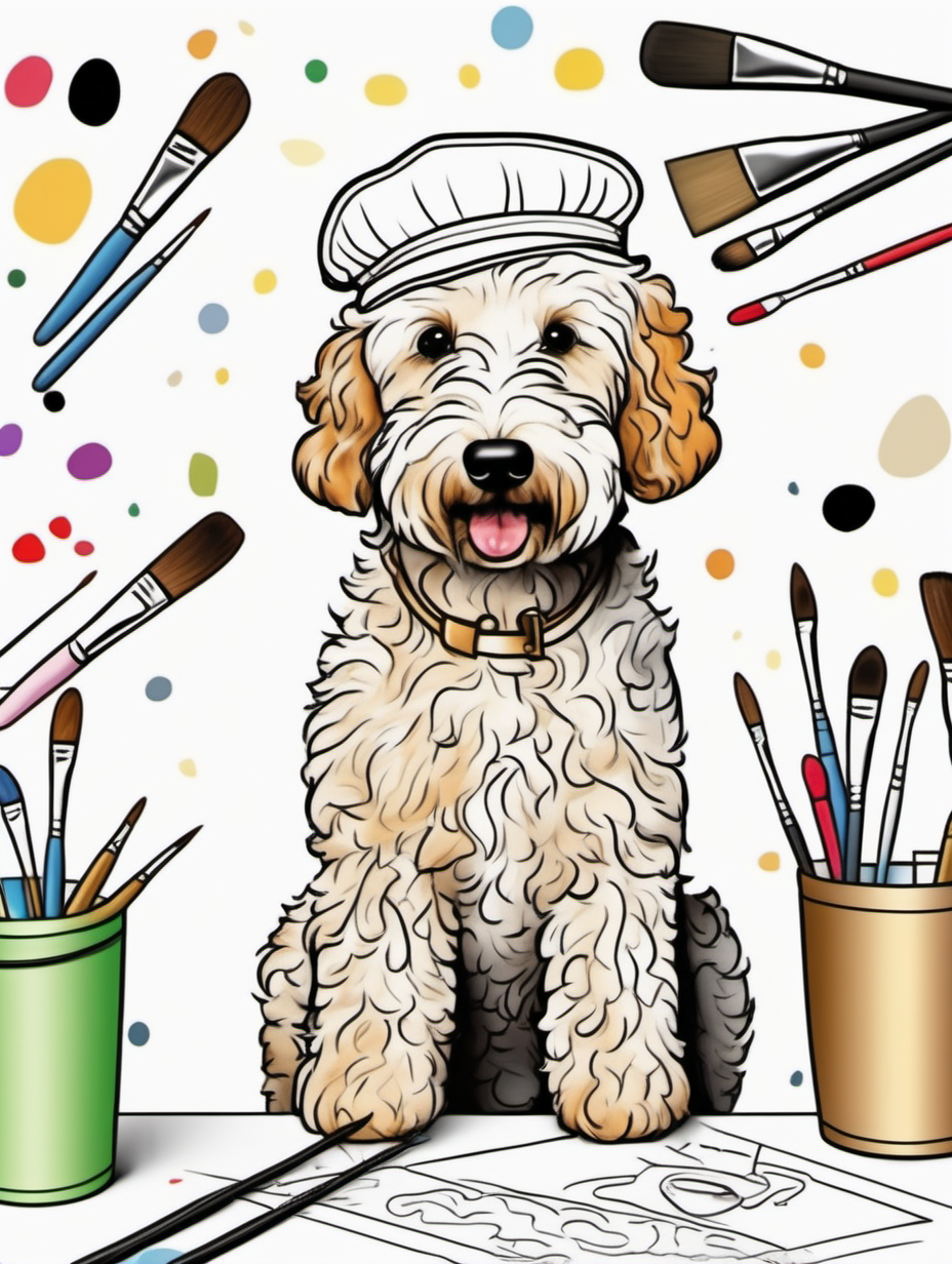 Cute female golden doodle at a whimsical art class wearing artist beret  and holding a paint brush for a coloring book with black lines and white background