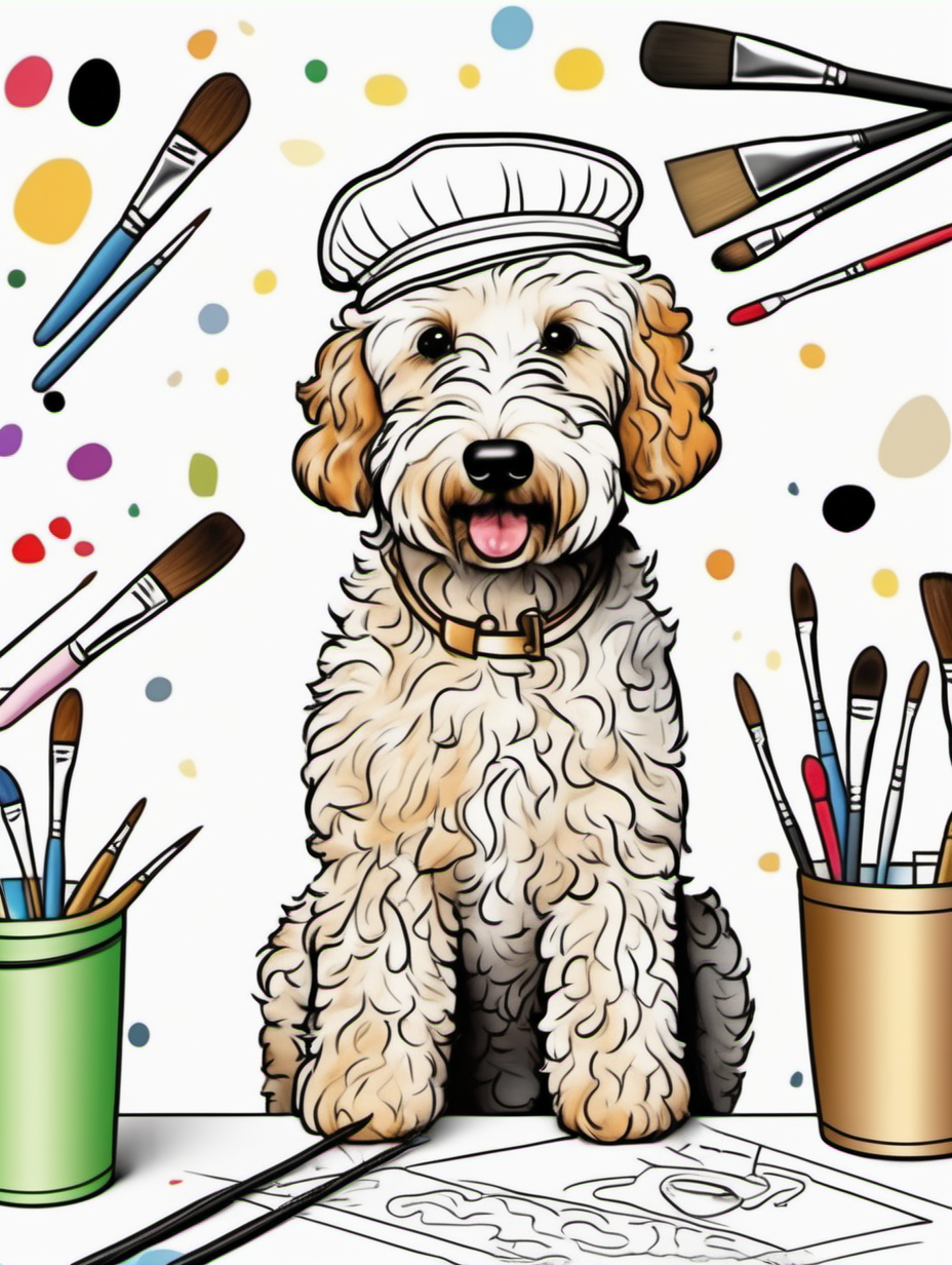 Cute female golden doodle at a whimsical art