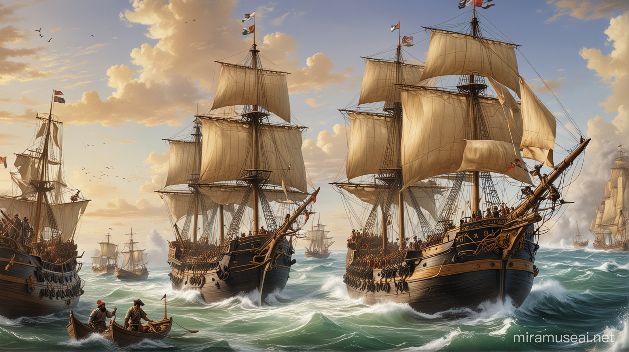 изображение мореплавателей, таких как Васко да Гама и Магеллан, открывающих новые маршруты