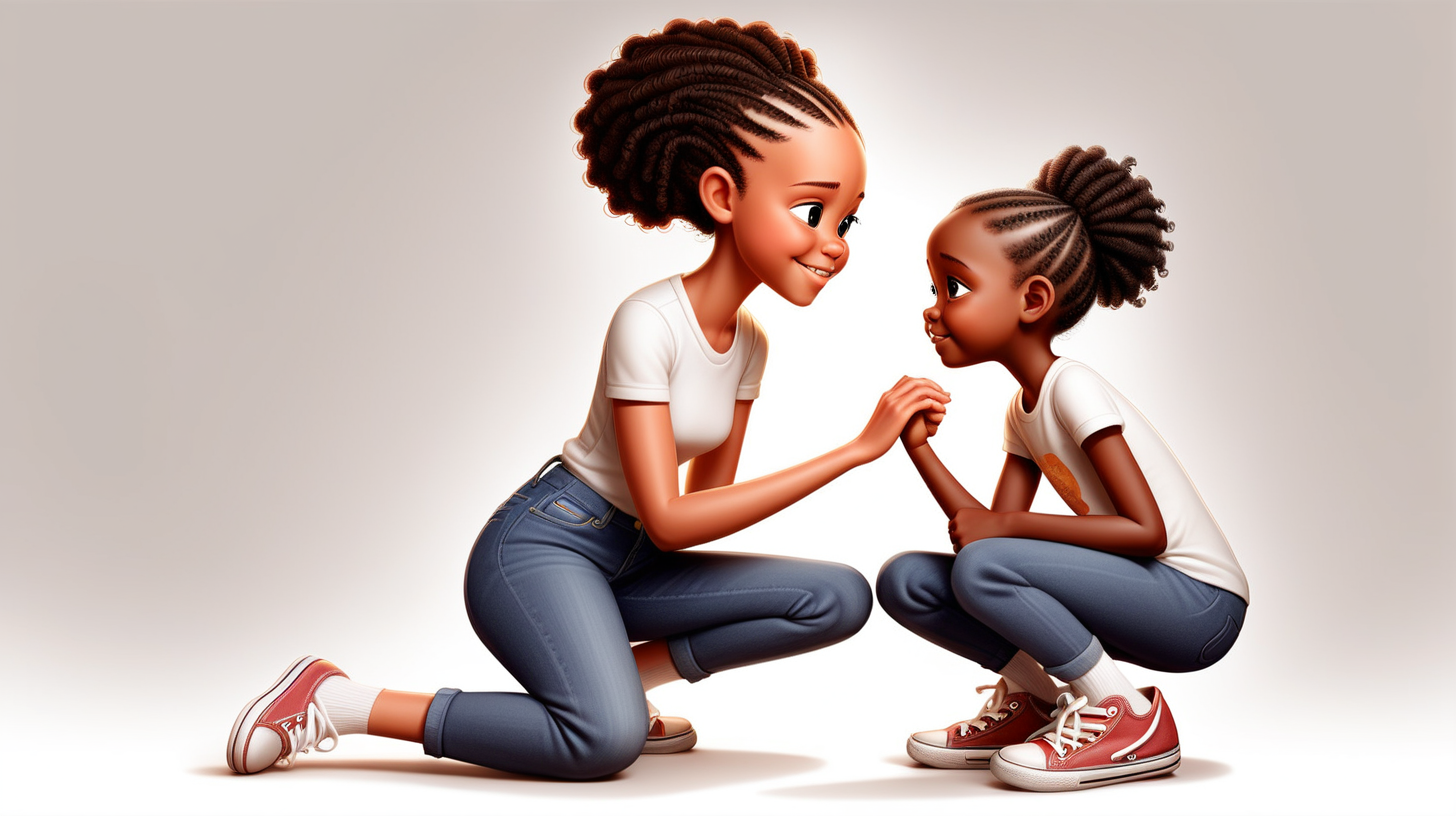 children's-book illustration: 

White background behind 5-year-old, african-american girl, mahkai, and her mom. 


holding her hand: beautifuk hands, detailed fingers. looking at each other. 

same clothing in each image. They are both wearing jeans and plain white t-shirts: 
vector art. 3d. natural, realistic looking. 

only two characters, mahkai and her mom only.

all whole total body photos, from top of head to feet.

full-length portrait photo: showing white socks on both characters.

full body shot photo. show white socks on feet in each image.