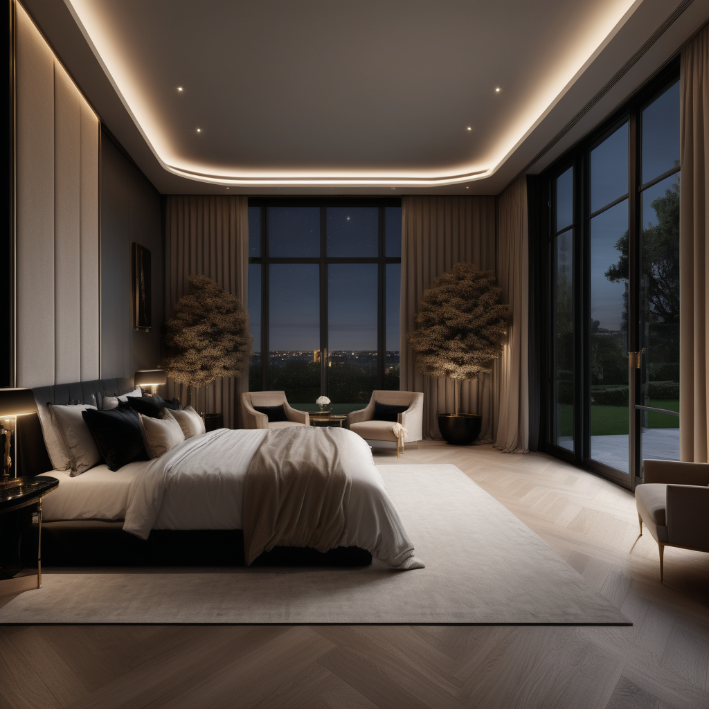 a hyperrealistic of a grand Modern Parisian estate home master bedroom room at night with mood lighting, floor to ceiling windows with a view of the manicured gardens , in a beige oak brass and black colour palette 

