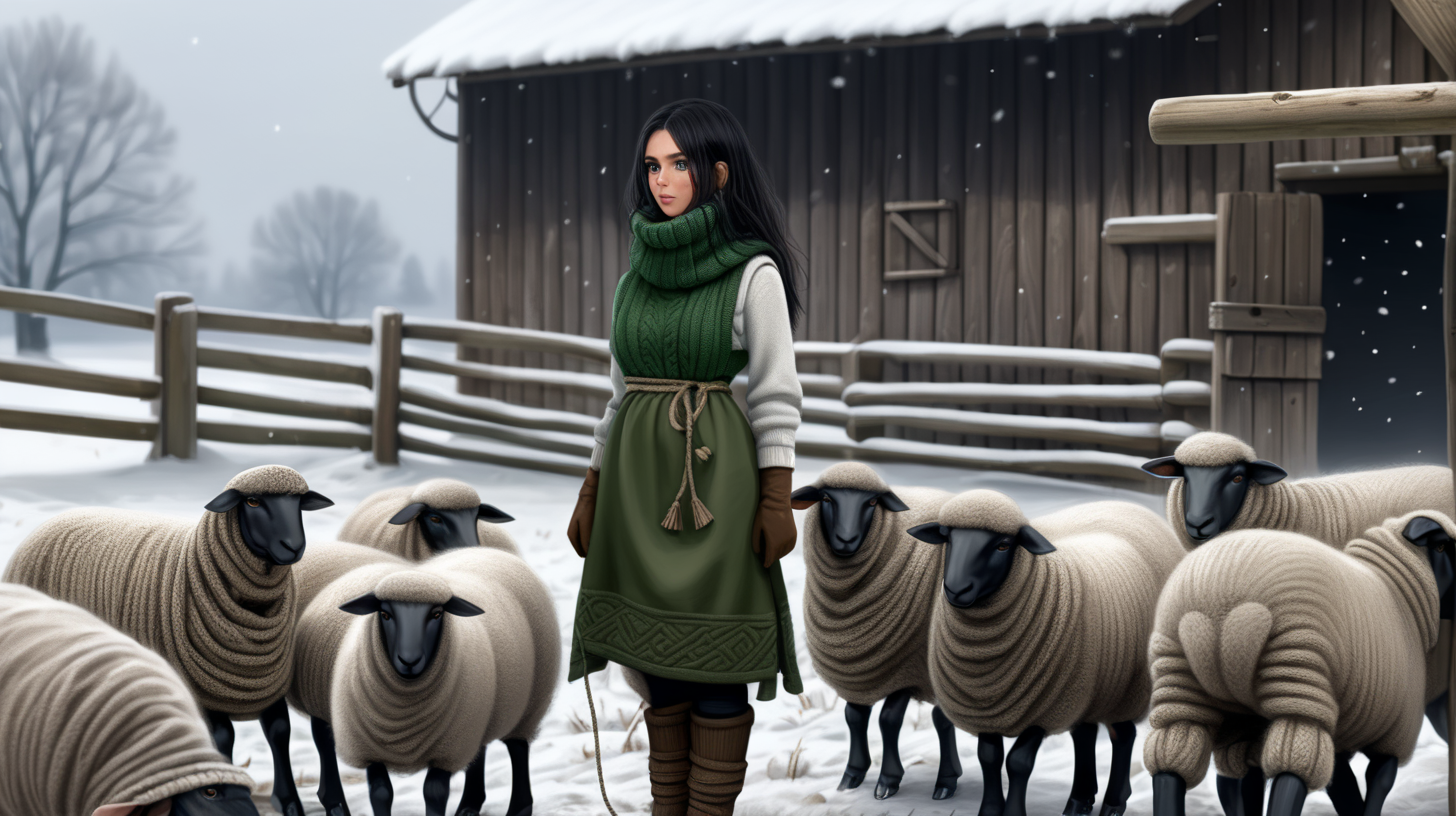 A beautiful peasant woman with long black hair and green eyes works in the pen in front of the barn. The peasant woman wearing black short rubber rain boots.Around her are seeps- black and brown. Earth is  transformed  in deep mud mud. The barn is surrounded by a fence of old wooden posts and wire mesh. It's winter, everything is covered with a thick layer of snow. Mud and snow mix.  Brown coarsely knitted woolen socks stick out from them - up to the middle of the leg and. On top of them, to keep her warm, she has put on green - brown, very wrinkled and crumpled woolen knitted gaiters. It is worn with thick elastic leggings, over it there is a short knitted skirt in black and brown. A chunky brown-gray wool sweater with a chin-high collar is snug around her. over it she wore an off-white furry sleeveless sweater with a triangle neckline. Above all this is a open short  quilted waistcoat in green. On his head he wears a thick knitted woolen gray hat . He also has a thick scarf sloppily draped around his neck. He also wears gray knitted woolen gloves. across the waist, a thin hemp rope is wrapped 6-7 times and tied with knot.