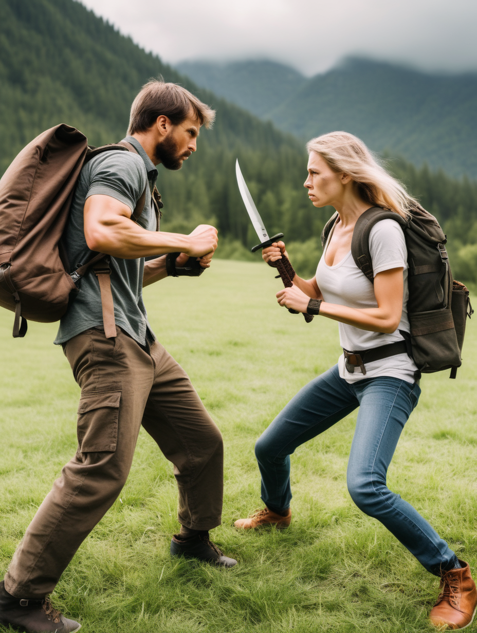 a Caucasian couple fighting knife fighting, with a bagpack and a traveler mug on the grass beside the couple