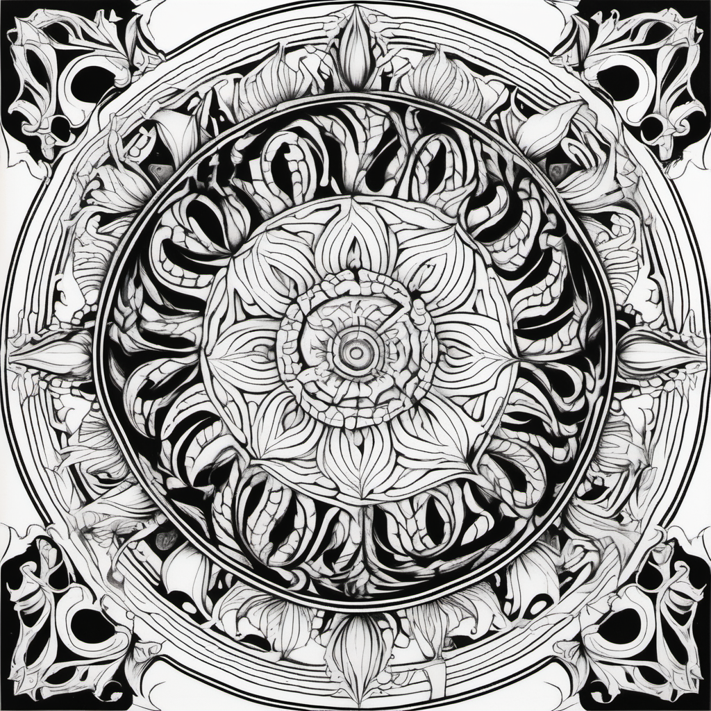 adult coloring book, black & white, clear lines, detailed, symmetrical mandala ice and flames