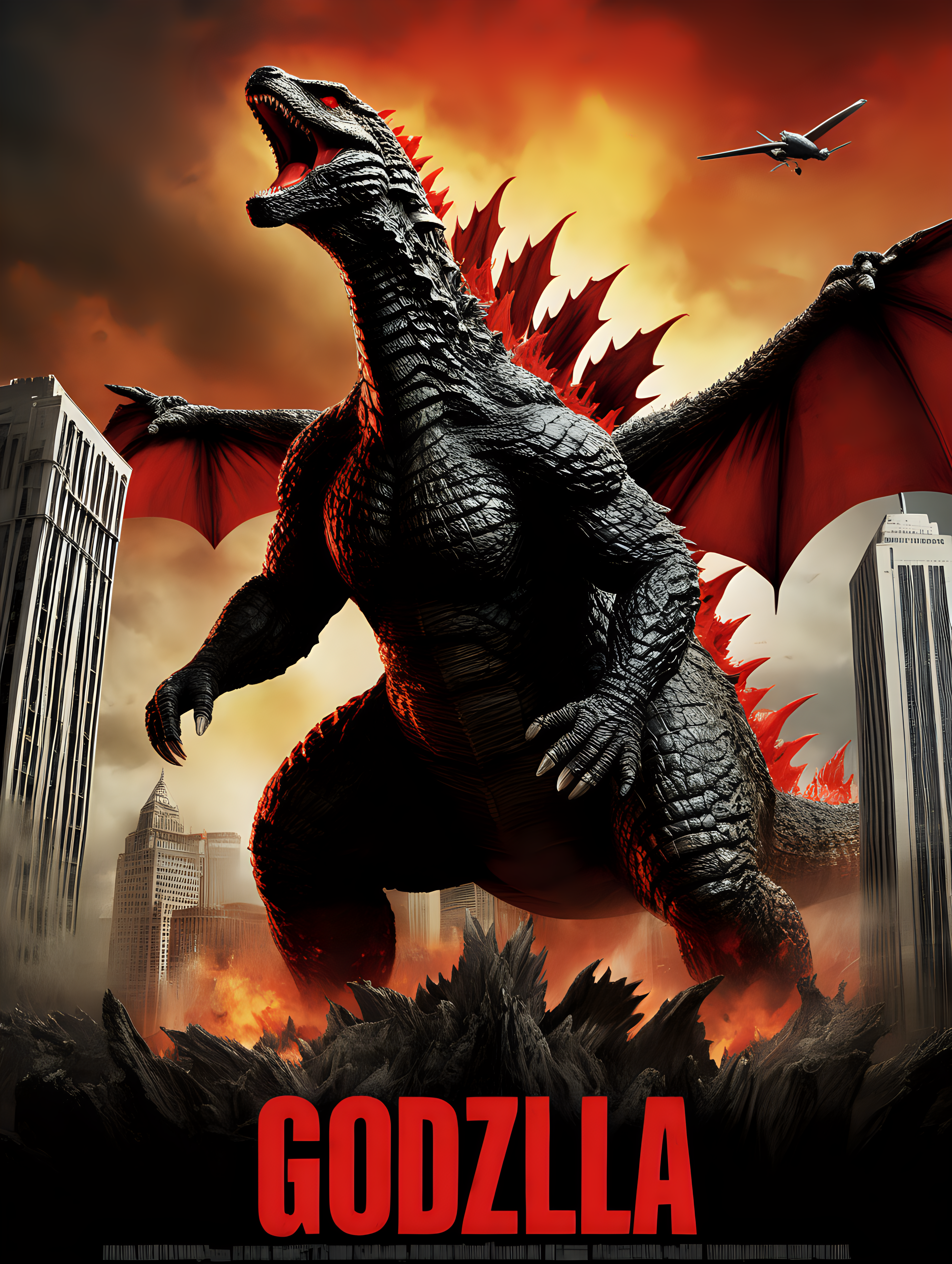 Movie poster of Godzilla & a red dragon destroying six flags over Texas