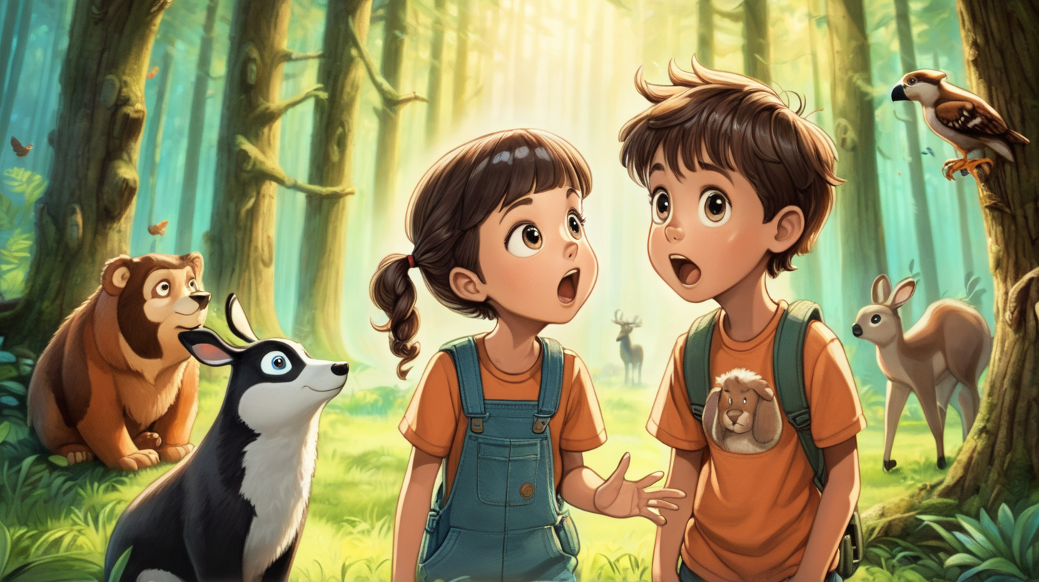 one boy and one girl looking amazed in a forest with trees and animals.