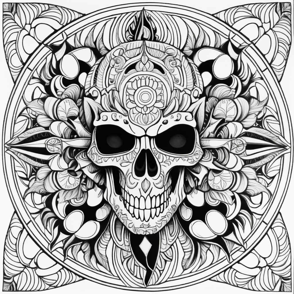 adult coloring book, black & white, clear lines, detailed, symmetrical mandala made of monster skulls