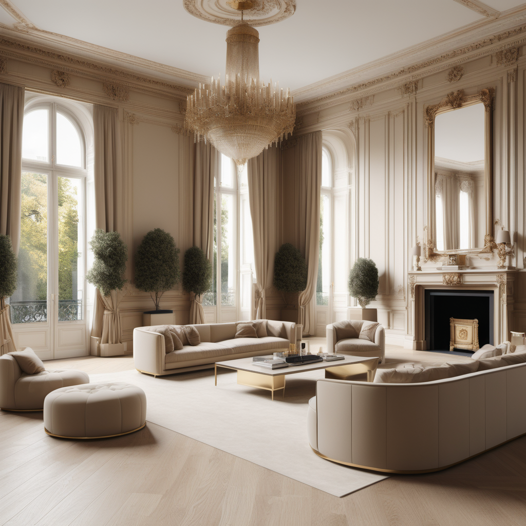 a hyperrealistic of a grand modern Parisian estate home in a beige oak brass colour palette
