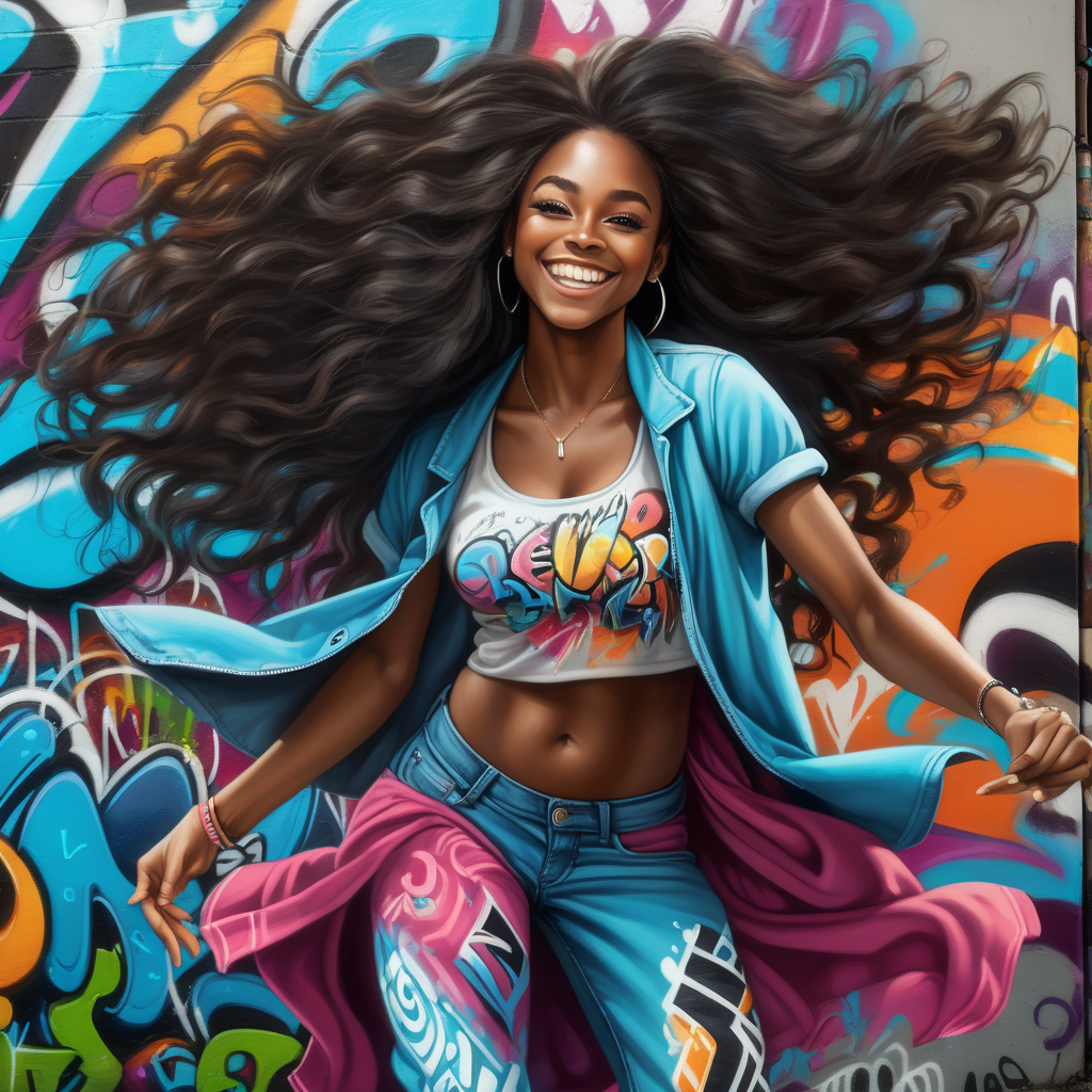 Beautiful young dark skin black woman with long flowing hair and bright colorful flowing clothes, looks back playfully at camera with smile while dancing in grafitti art style