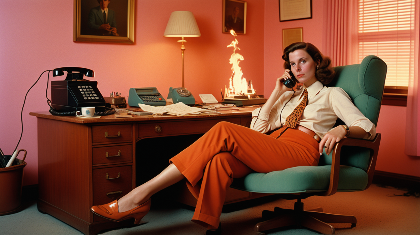 high quality cinematic portrait of a woman sitting at a large desk, reclined in her chair with her feet propped ont he desk, talking on a phone from the 1980s, with a cigarette in her hand,  while a small fire burns in the background, in the style of a wes anderson film