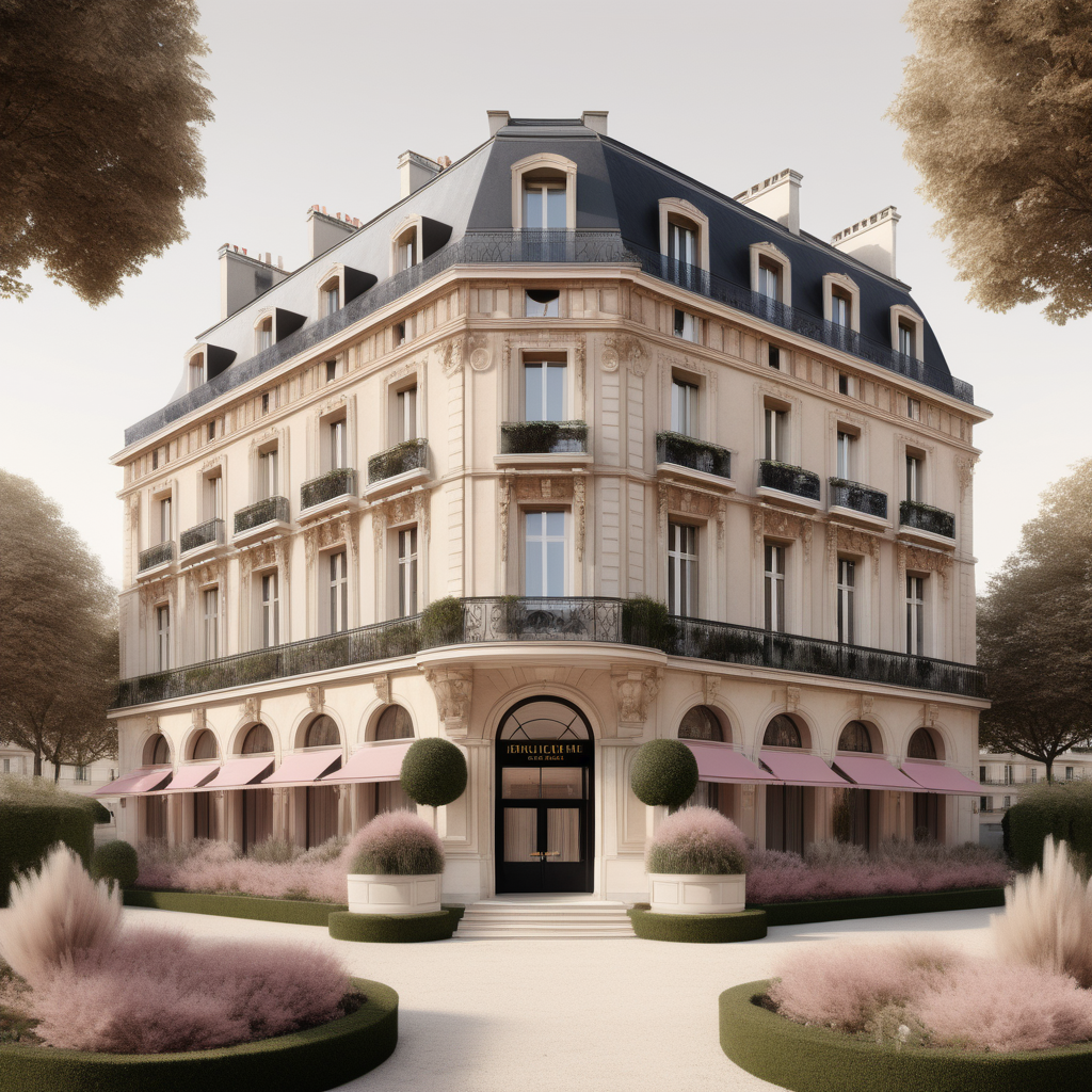 A hyperrealistic image of a palatial modern Parisian hotel building in a beige, oak, brass, black and dusty rose colour palette with beautiful gardens

